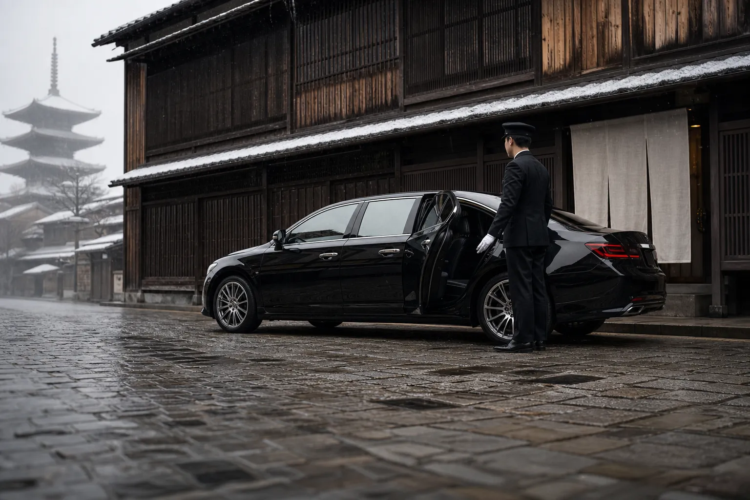 A sleek, black luxury sedan waiting patiently on a traditional cobblestone street in Kyoto.