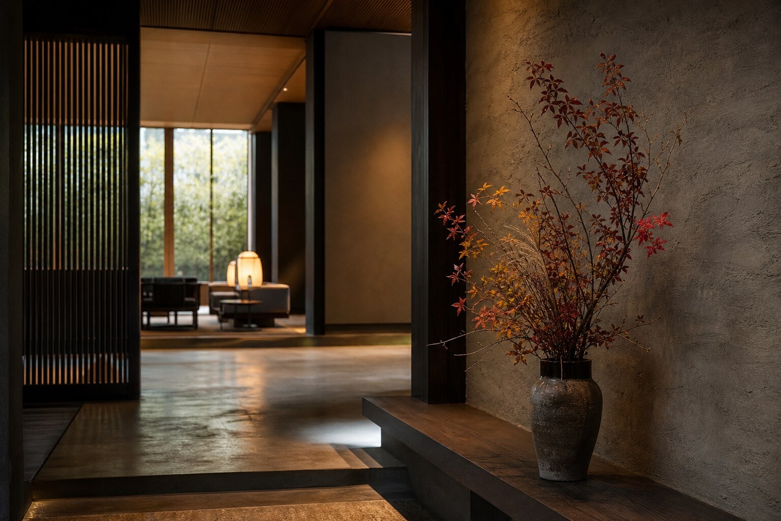 Modern luxury Japanese hotel interior with autumn accents
