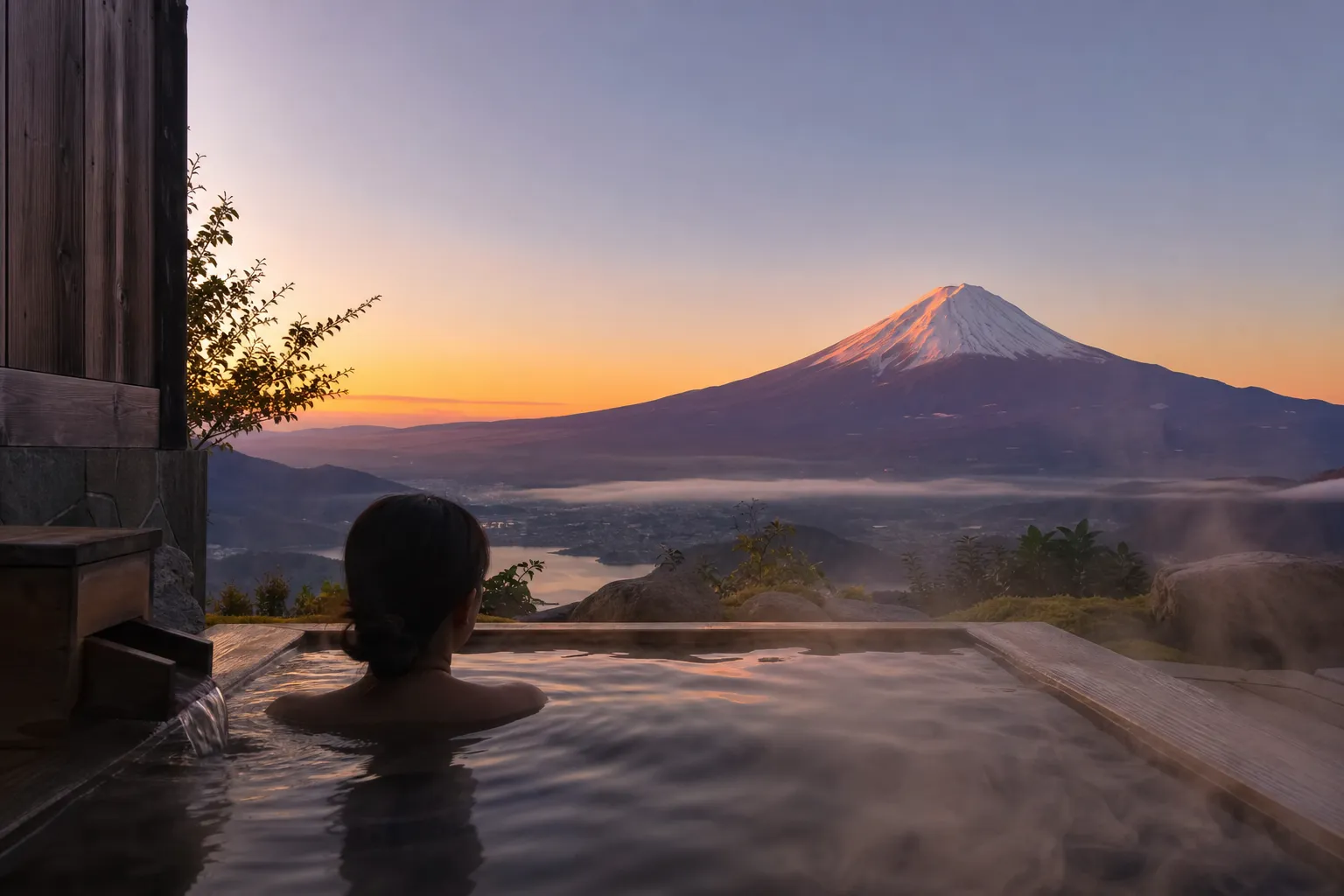 Luxury ryokan with private onsen facing Mt. Fuji