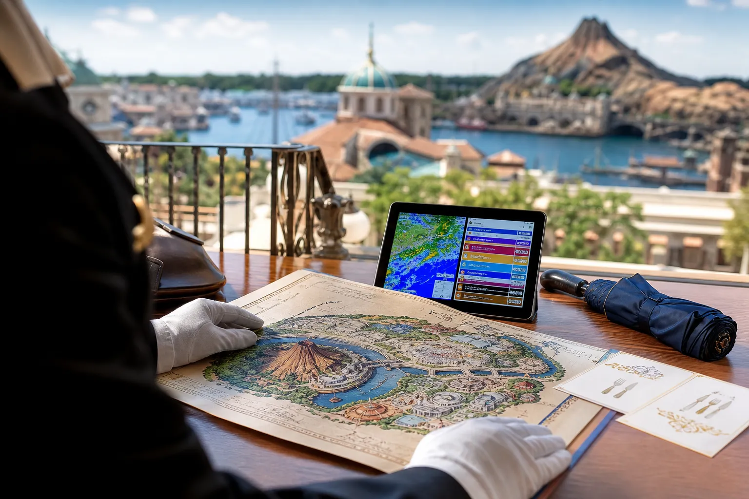Concierge itinerary planning for weather, dining, and show contingencies at Tokyo Disney Resort.