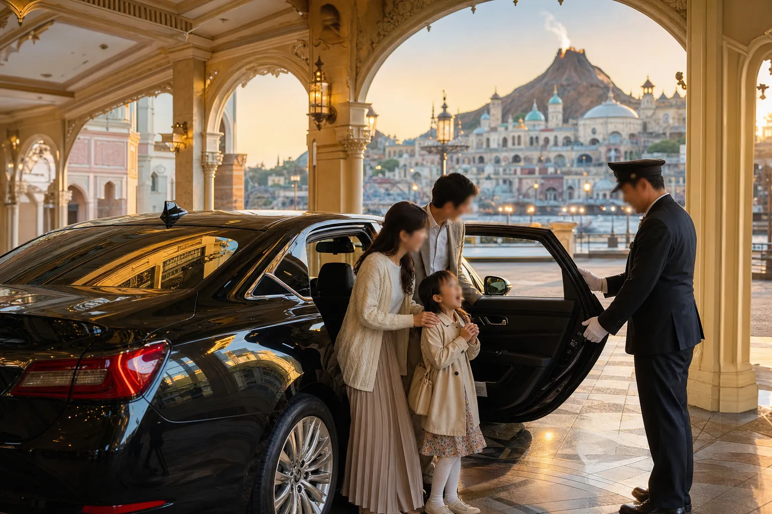 A luxury chauffeur vehicle arriving at an elegant Tokyo resort hotel as a family begins a private theme park experience.