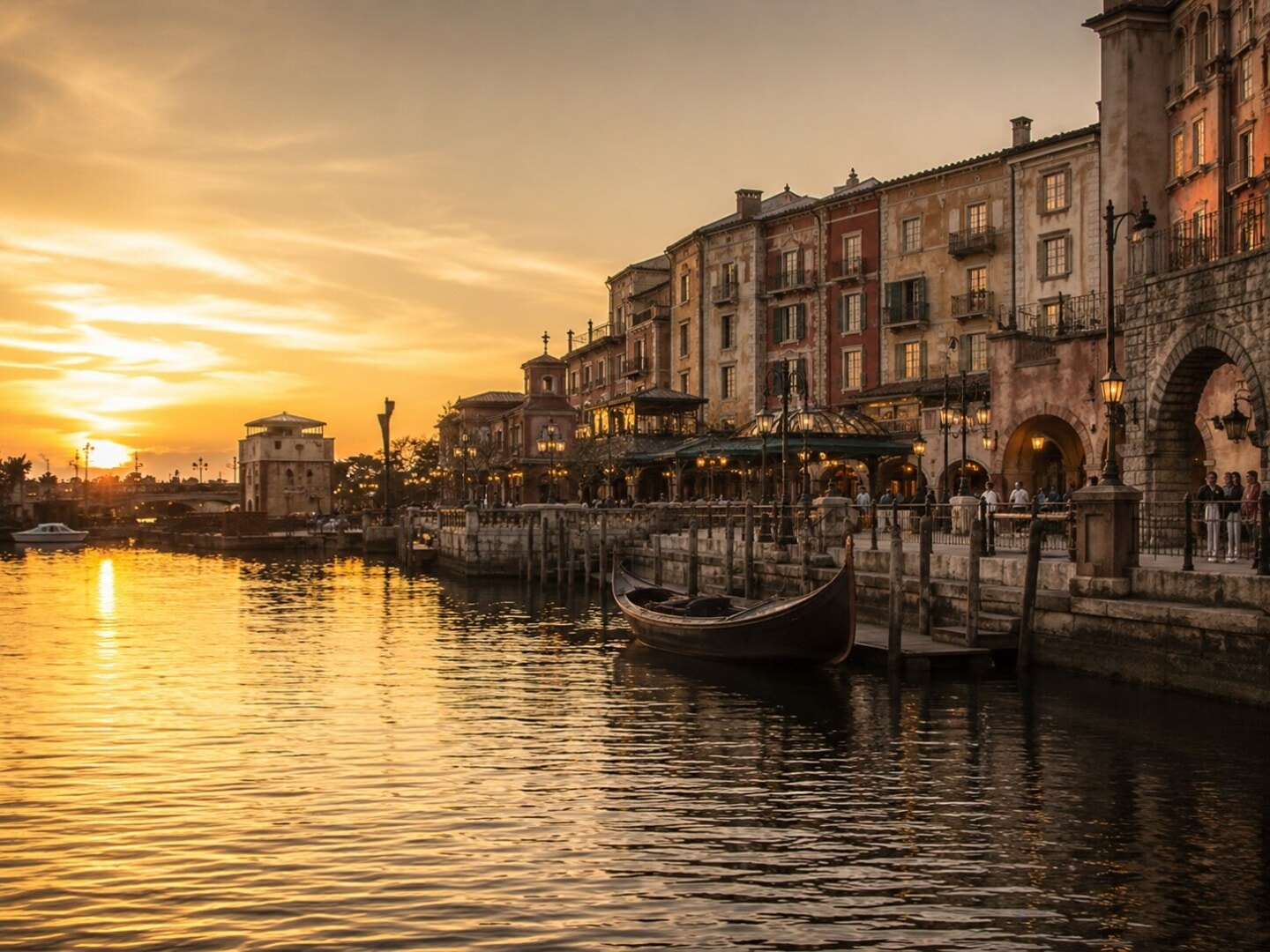 Peaceful sunset atmosphere at a Mediterranean-style harbor inside Tokyo DisneySea.