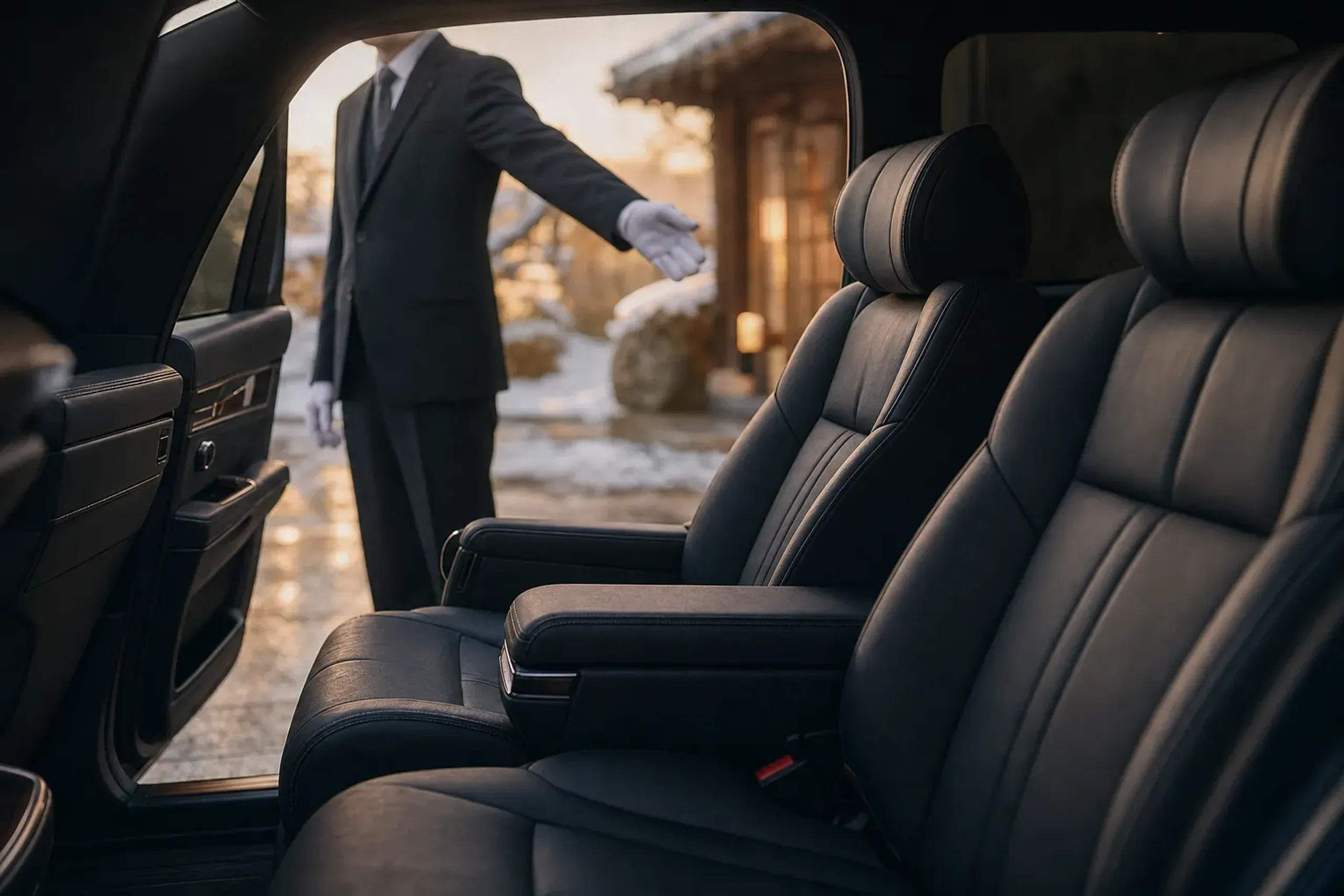 Interior of a luxury chauffeured minivan waiting outside a Tokyo hotel entrance