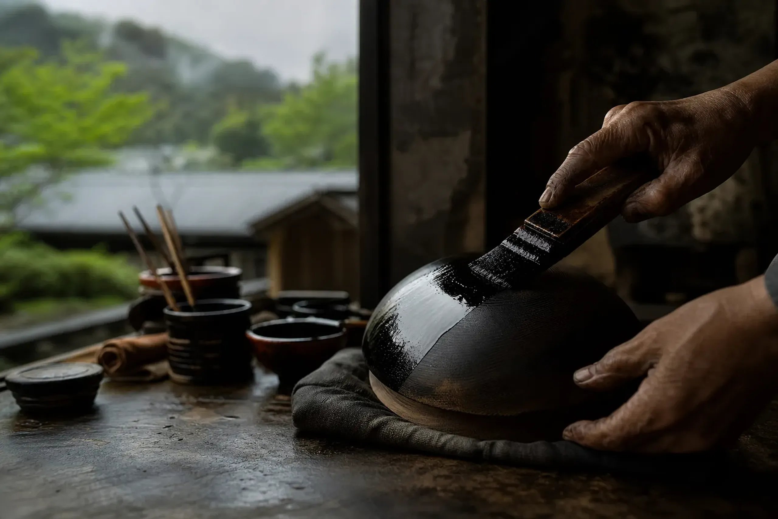 Close-up of an artisan's hands applying urushi lacquer to a bowl in a workshop