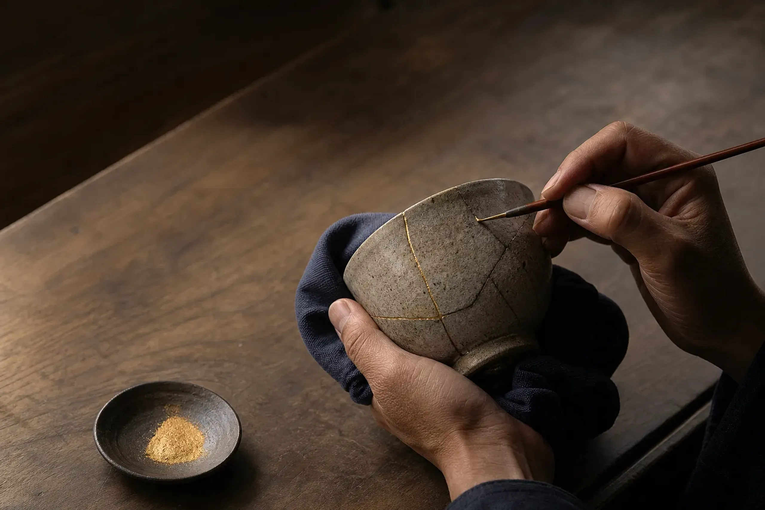 A kintsugi repair session in progress — a broken ceramic tea bowl being mended with lacquer and gold seams on a wooden work surface in a Tokyo artisan's atelier