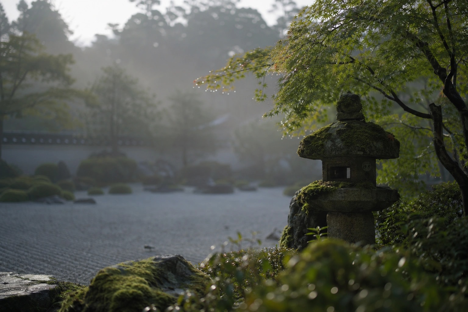Empty moss-covered stone garden in Japan at dawn, no crowds, soft morning light