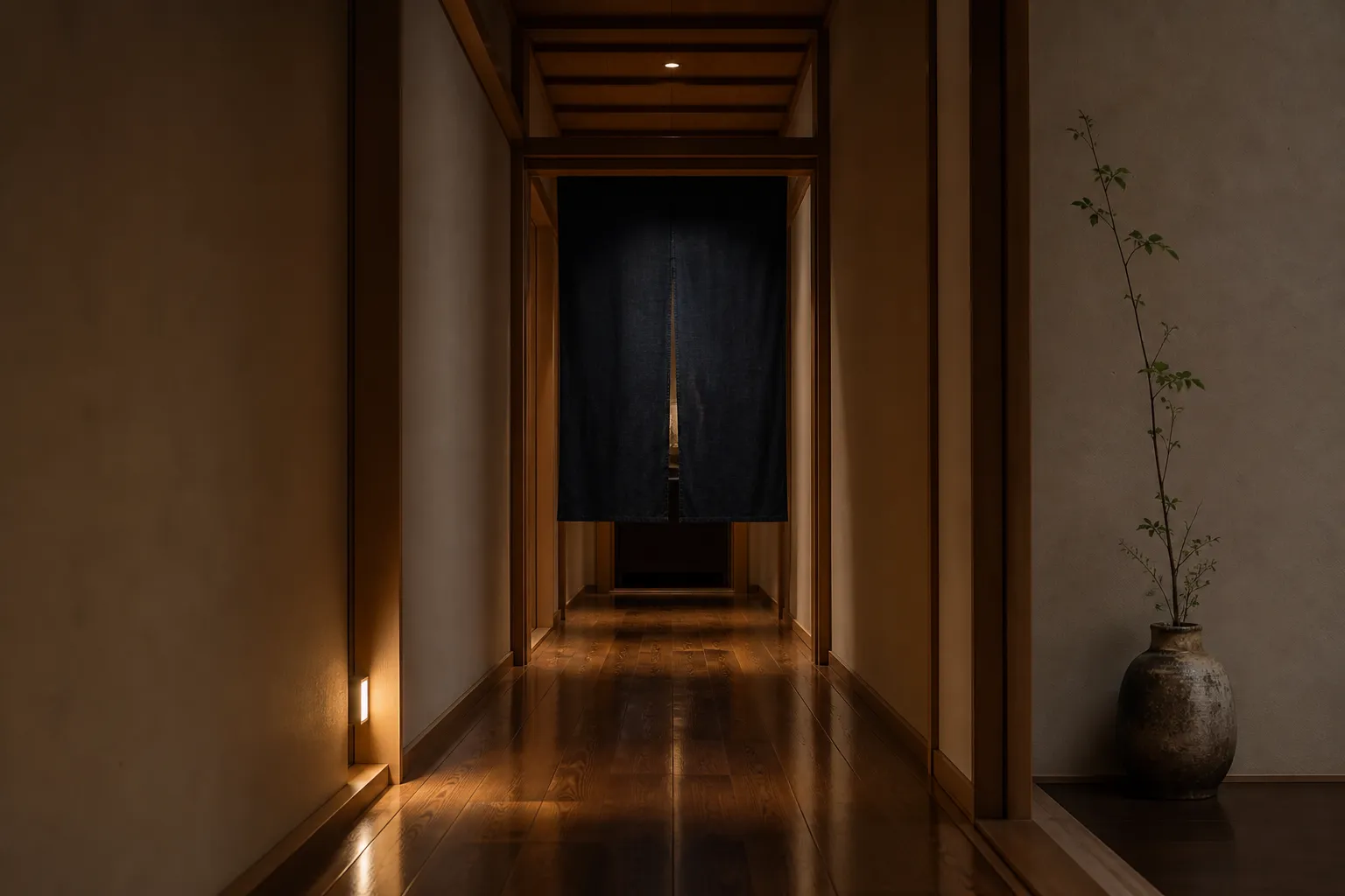Quiet minimalist interior corridor of a small luxury lodging in Kyoto
