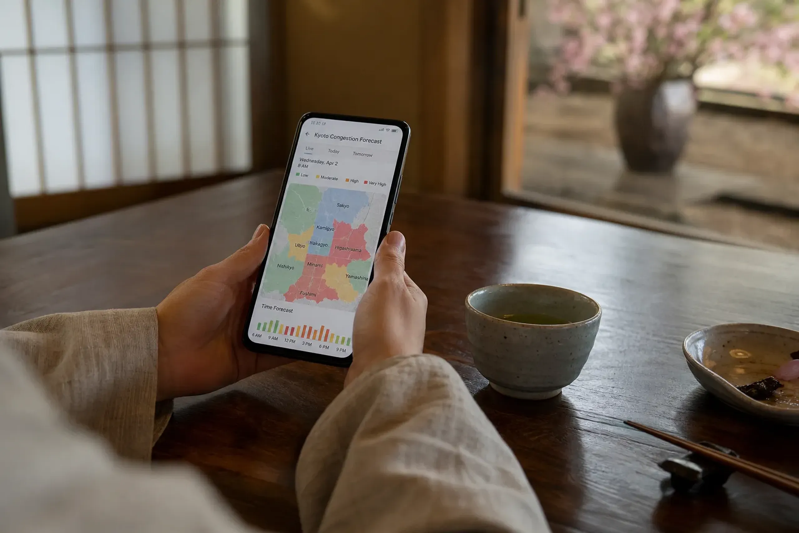 Traveler checking Kyoto congestion forecast map on a phone before sightseeing