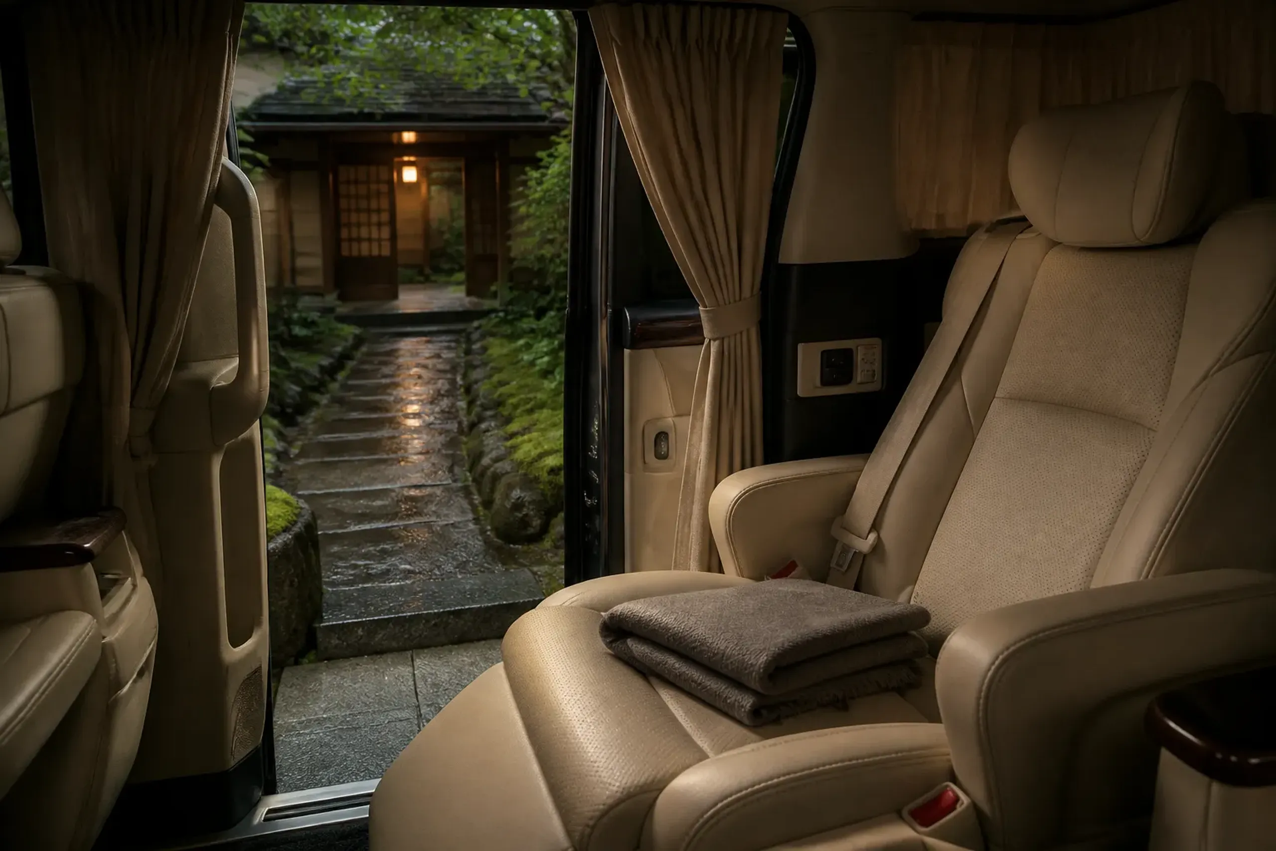 Luxury chauffeured minivan interior at a discreet private entrance in Japan