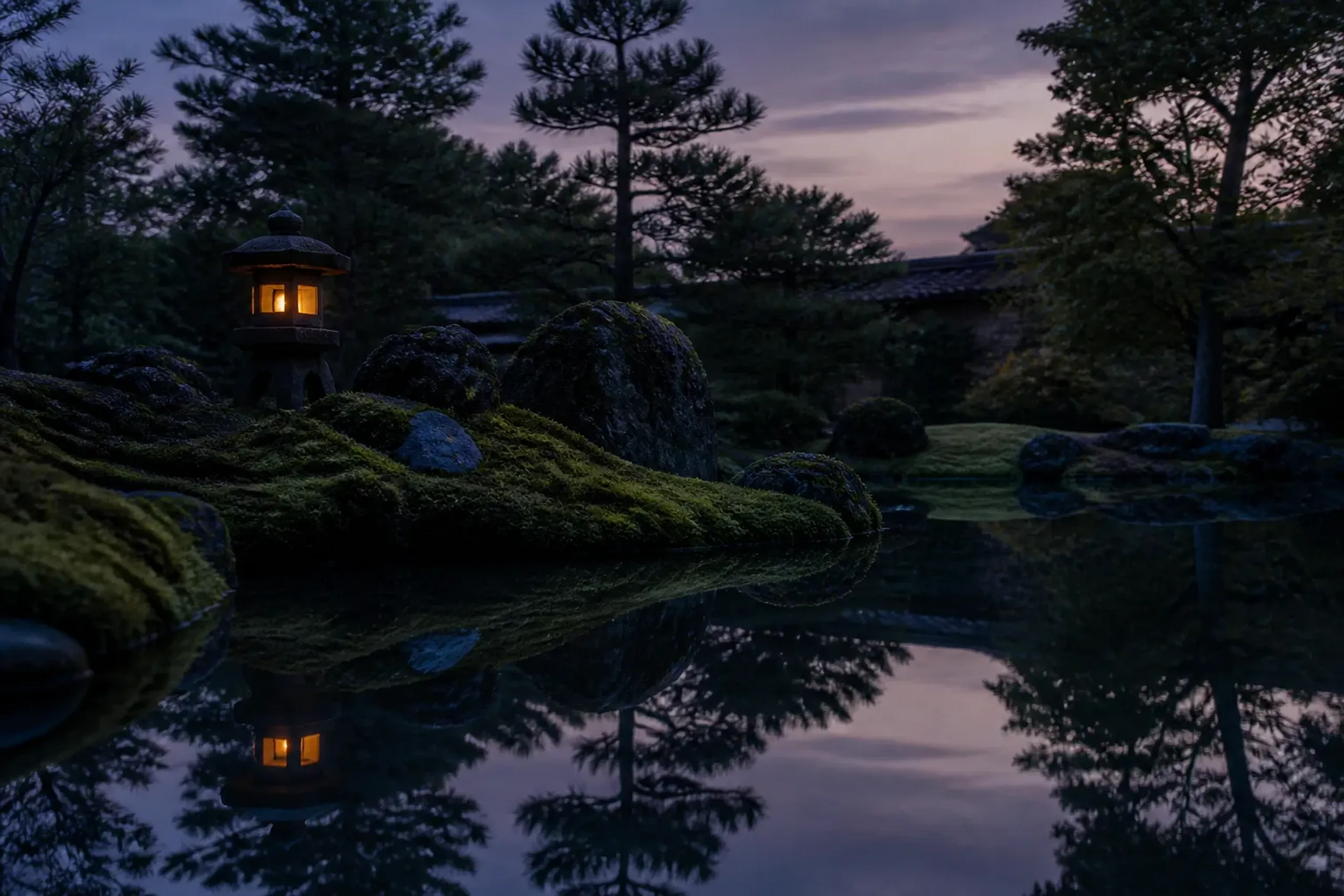 Tranquil moss-covered stone garden of a secluded Japanese ryokan at dusk