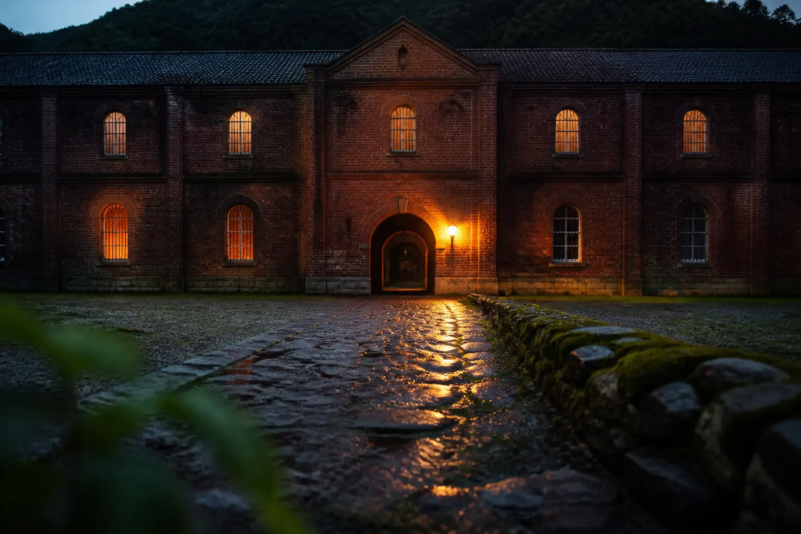 The Meiji-era red brick facade of HOSHINOYA Nara Prison, a former penitentiary reborn as a luxury property, its arched windows and weathered brickwork illuminated at dusk