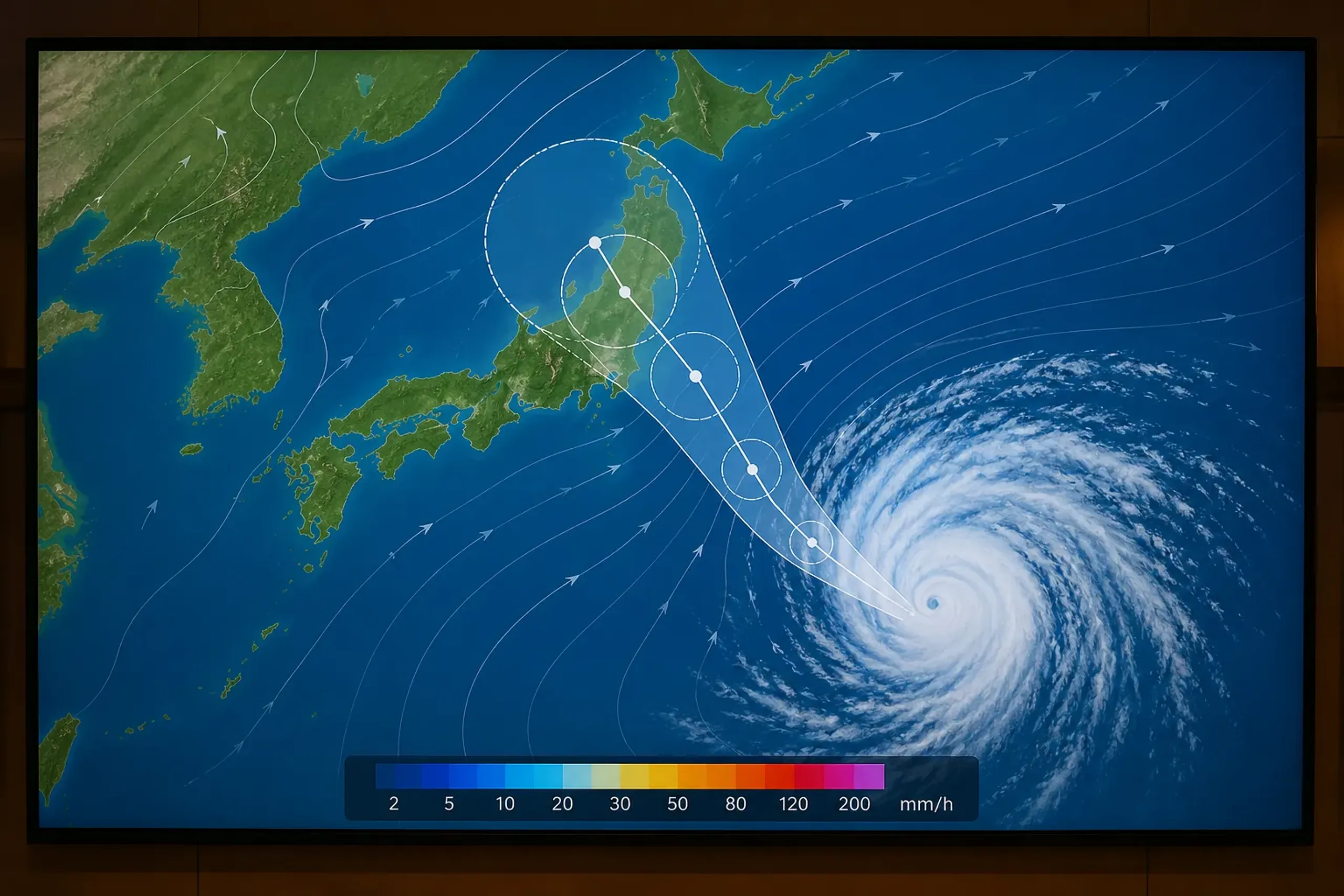 A five-day typhoon forecast track map covering Japan on a screen