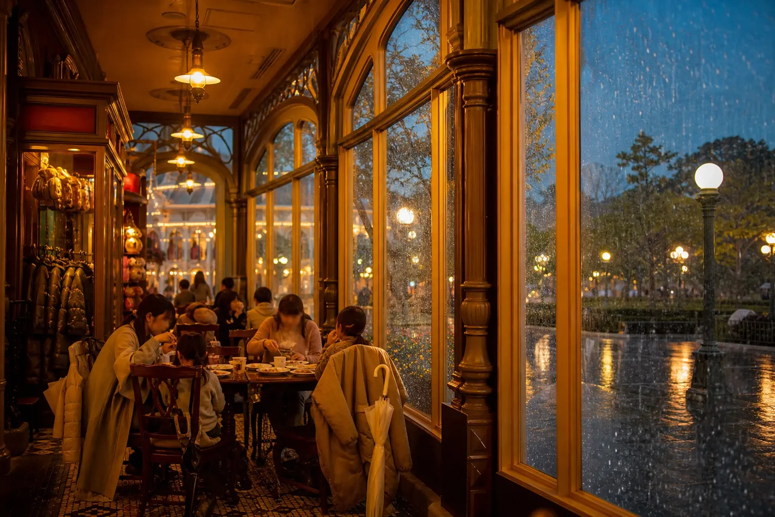 People dining and shopping indoors while rain streaks large windows