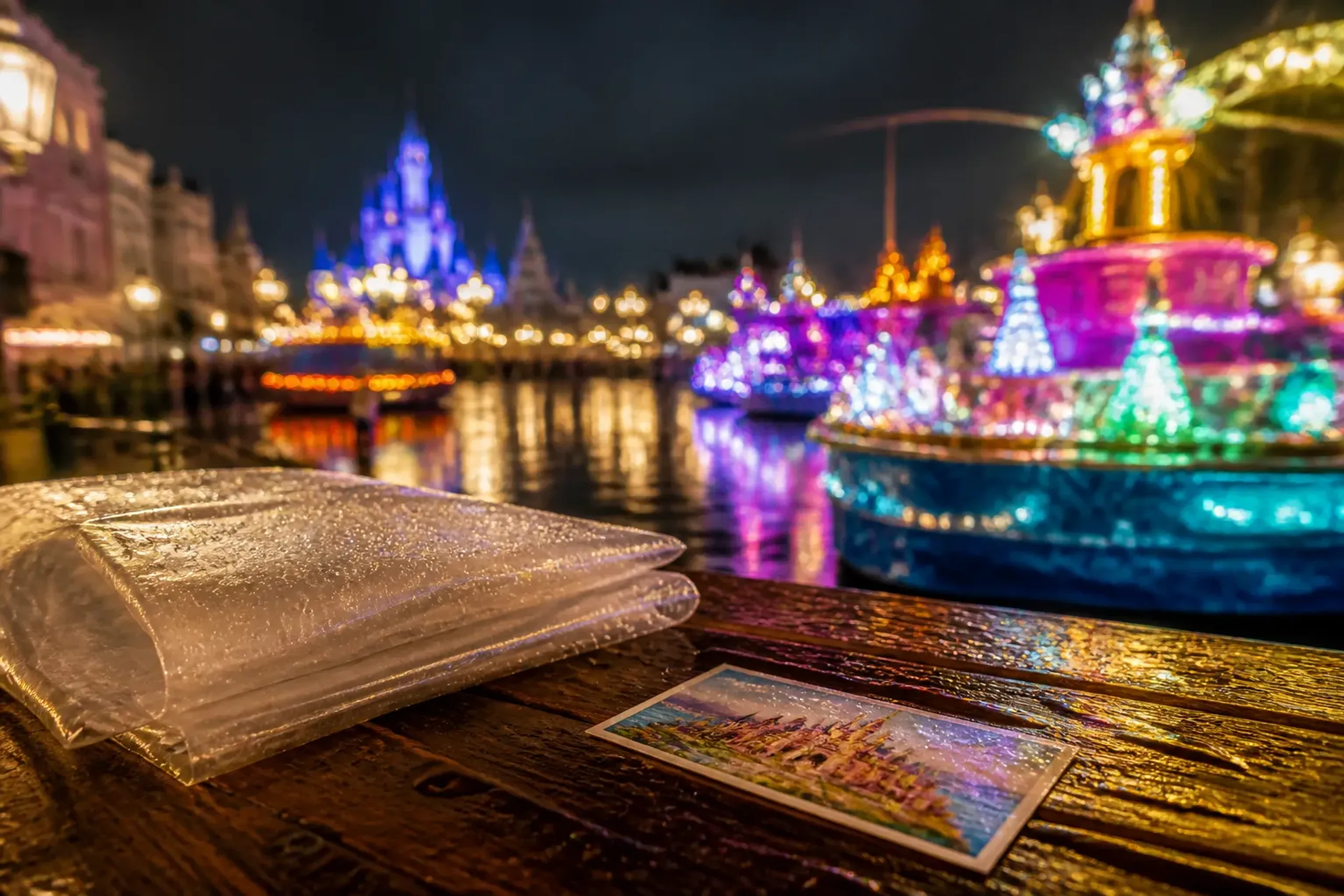a folded transparent rain poncho and a Tokyo Disney Resort park ticket resting on a wet bench beside a Mediterranean Harbor railing