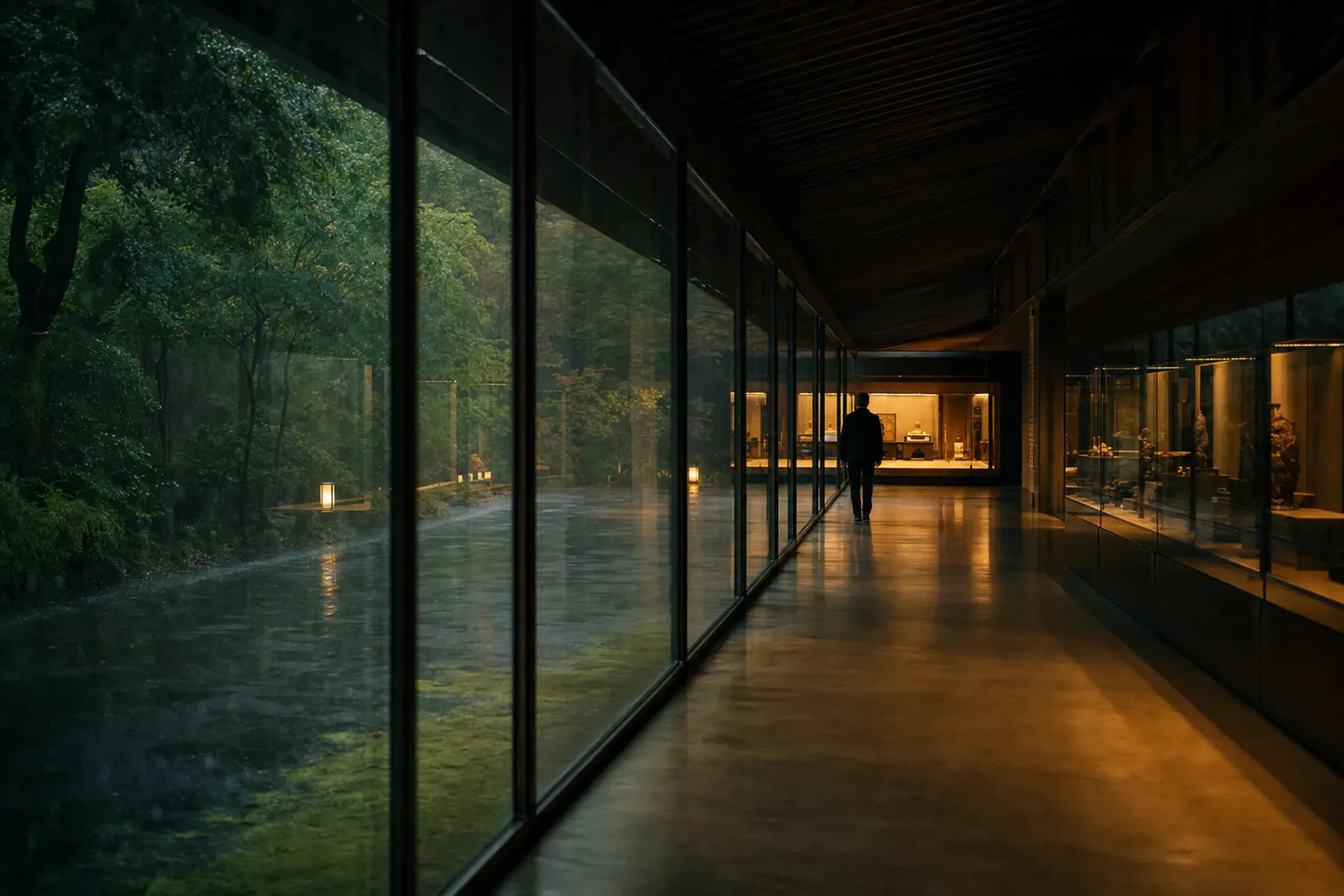 The vast sheltered concrete and glass transition corridor between museum pavilions displaying Edo-period artifacts