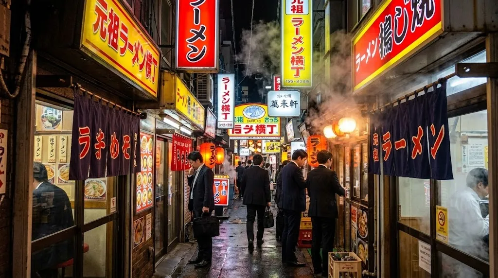 The narrow Ganso Ramen Yokocho alleyway at night filled with glowing traditional lanterns, neon signs, and steam rising from busy stalls where locals enjoy late-night meals.