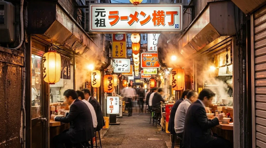 A warm, atmospheric evening photograph of the narrow, lantern-lit Ganso Ramen Yokocho in Sapporo, filled with steam and bustling ramen stalls.