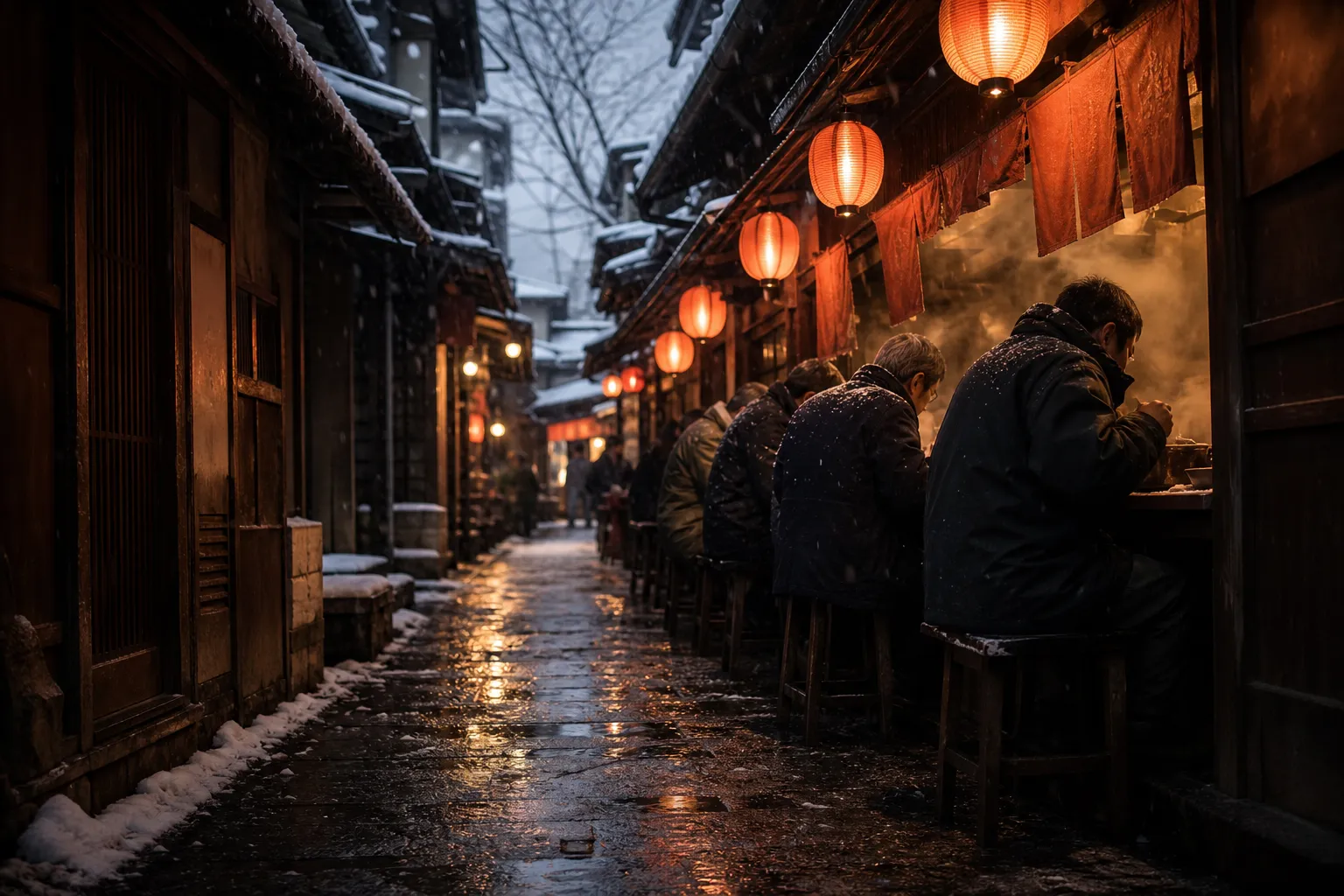 Busy narrow Japanese dining alley at night, with glowing red lanterns, wooden stalls, and diners eating at counter seating.