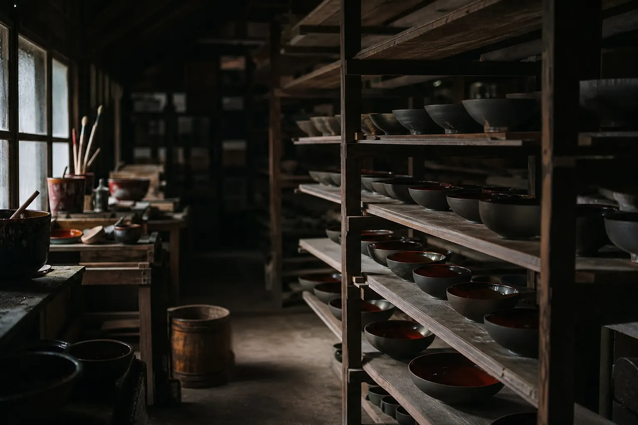 The interior of a family lacquer workshop in Matsushima-chō, showing lacquer tools, half-finished bowls, and curing racks on wooden shelves