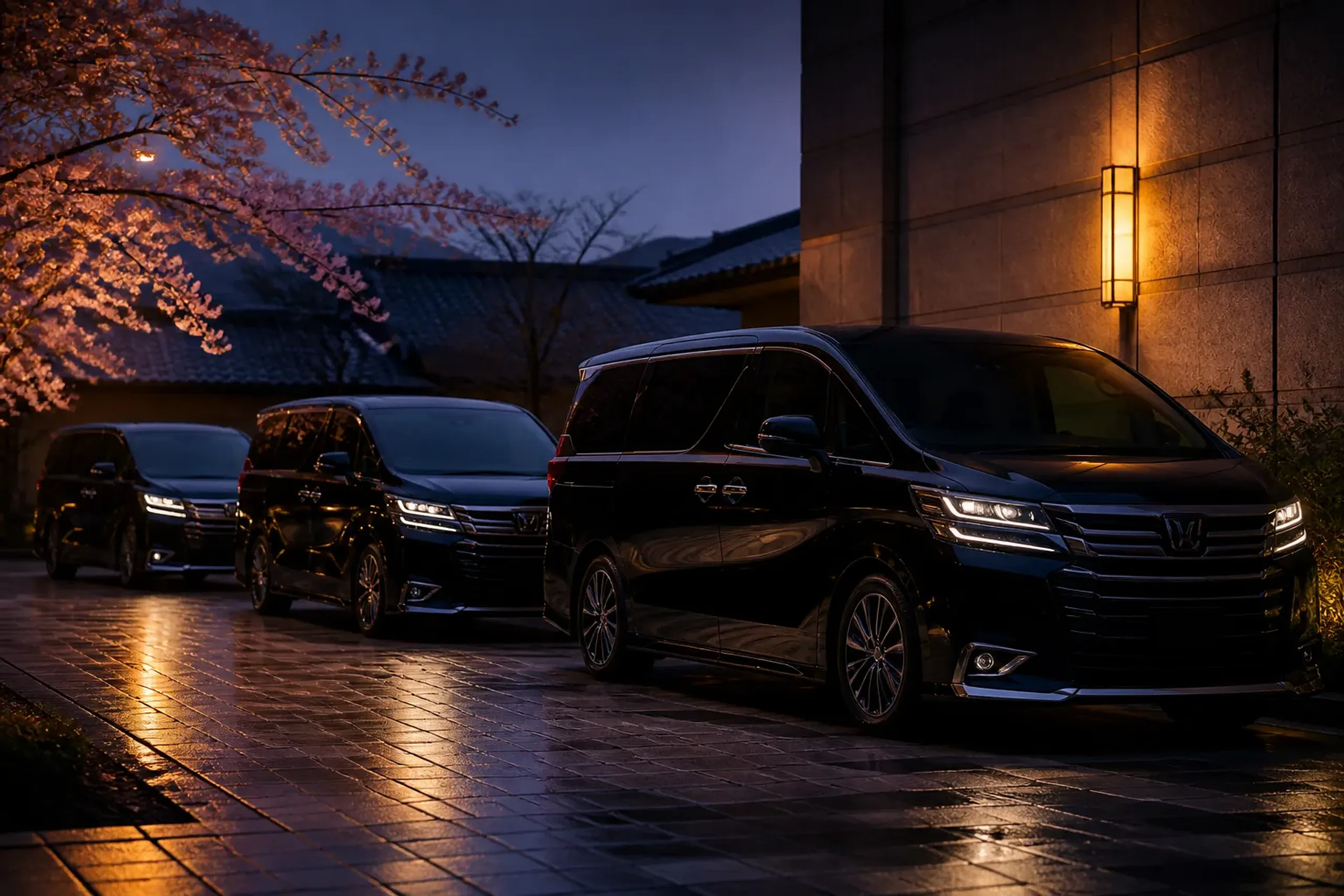 Premium executive minivans lined up for private chauffeur service in Kyoto