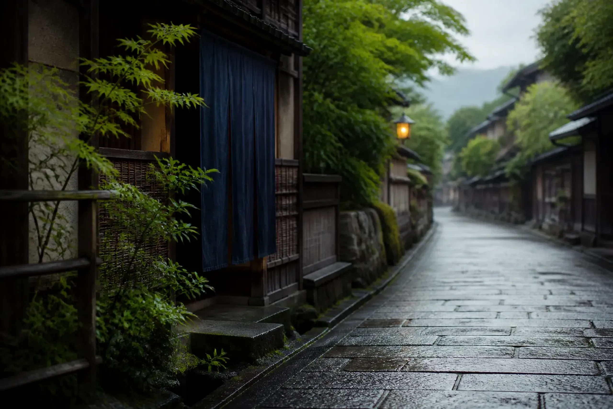 Quiet Kyoto stone lane in the morning with traditional wooden architecture