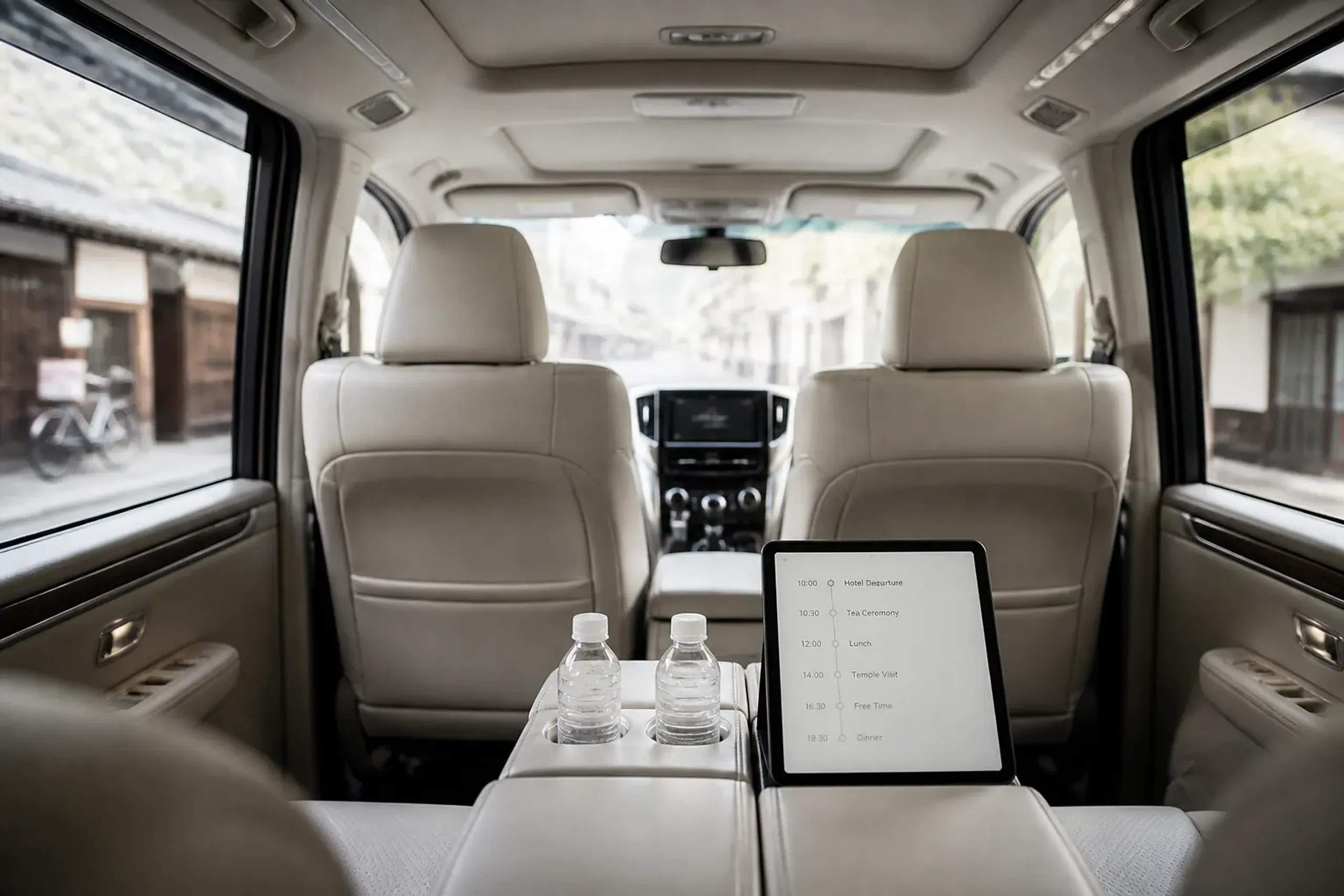 Executive minivan interior with itinerary schedule ready for a Kyoto chauffeur day