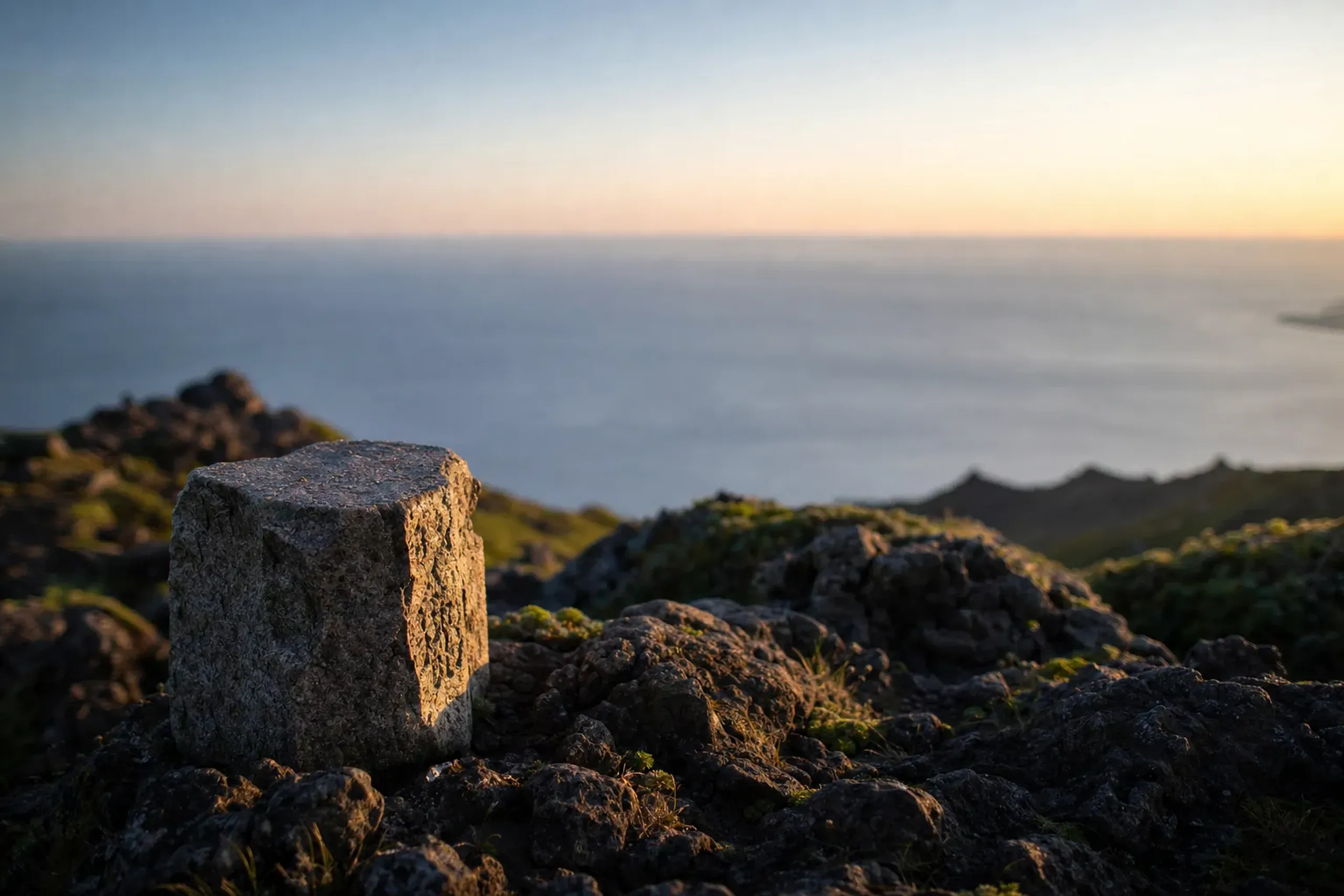The triangulation point marker at the 1,719-meter North Peak summit of Mount Rishiri, overlooking the curved horizon of the surrounding sea