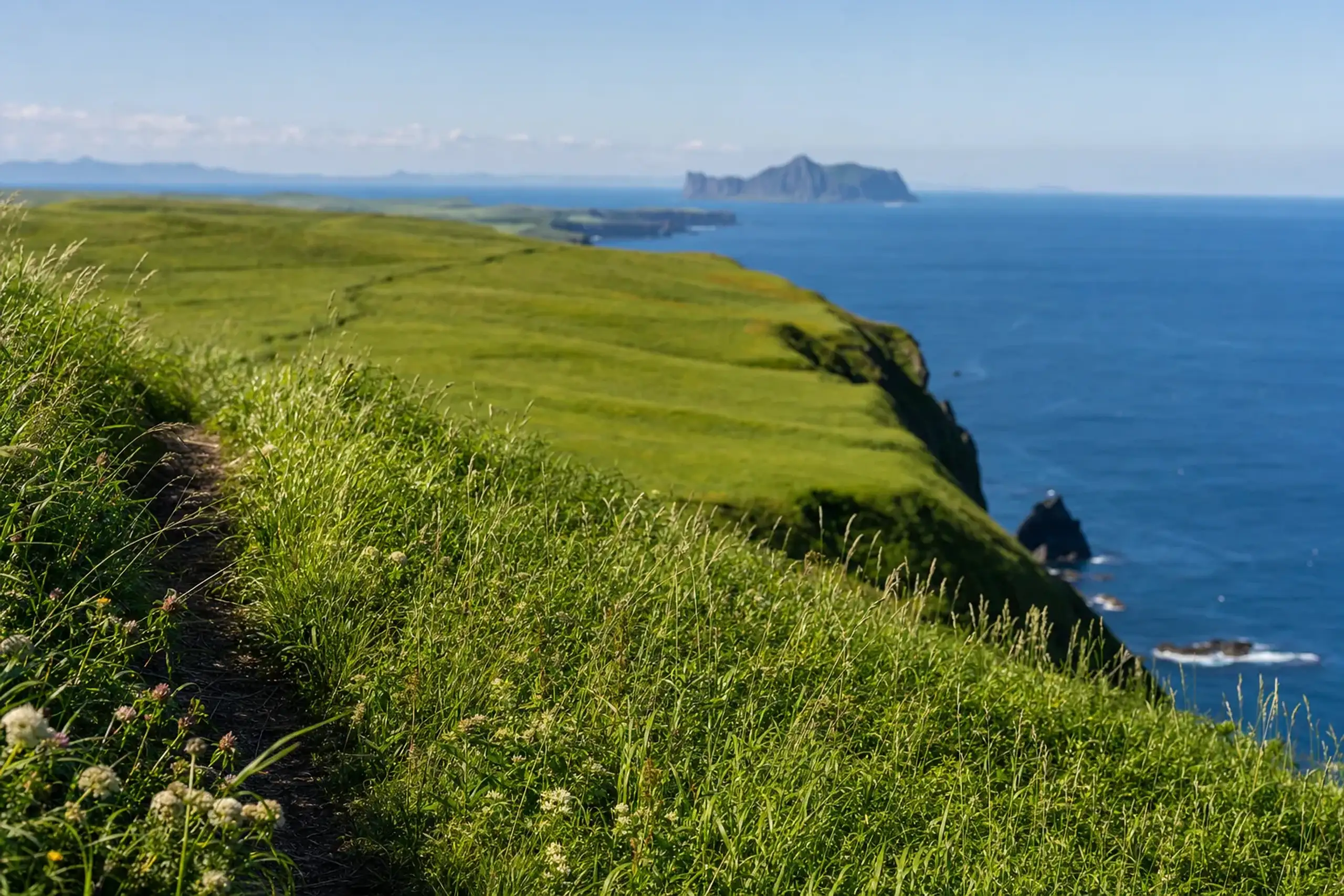 The rolling green plateau of Rebun Island's coastal trails plunging into the blue sea near the Momoiwa Observation Deck