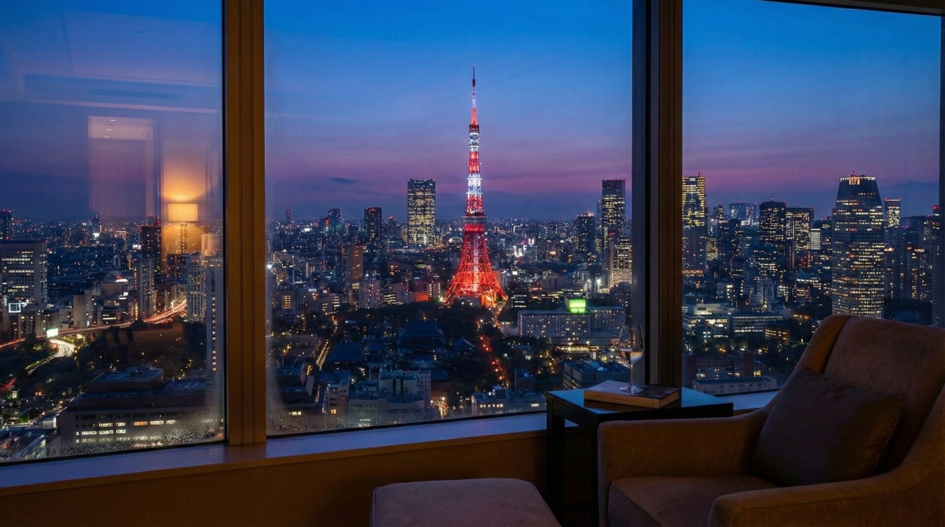 Panoramic view of Tokyo Tower and city skyline from the Ritz-Carlton Tokyo Presidential Suite window.