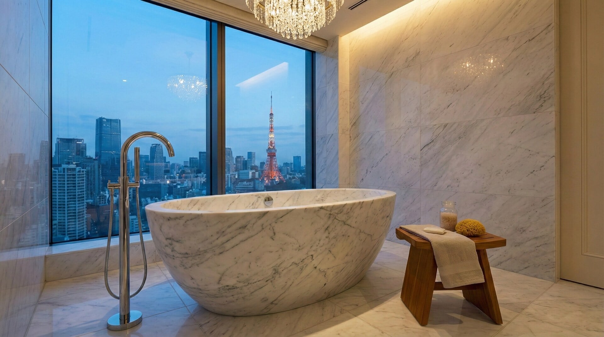 Marble bathroom in the Presidential Suite with a soaking tub overlooking the Tokyo view.