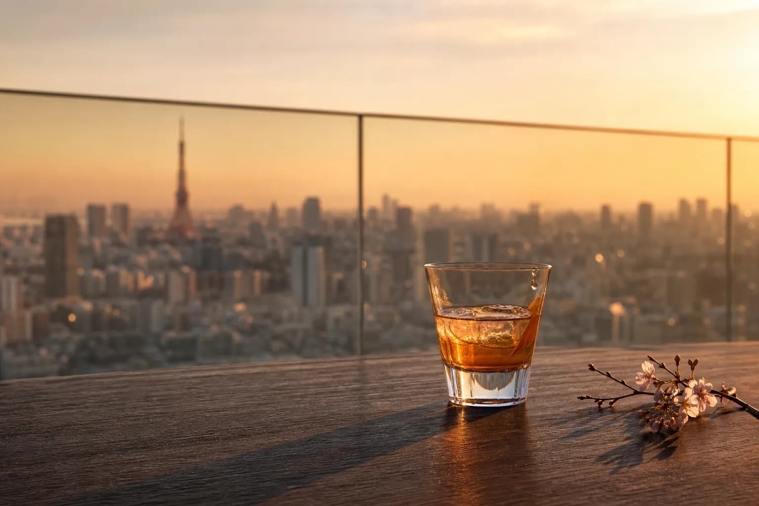 A luxurious cocktail on a Tokyo rooftop terrace overlooking the city at sunset