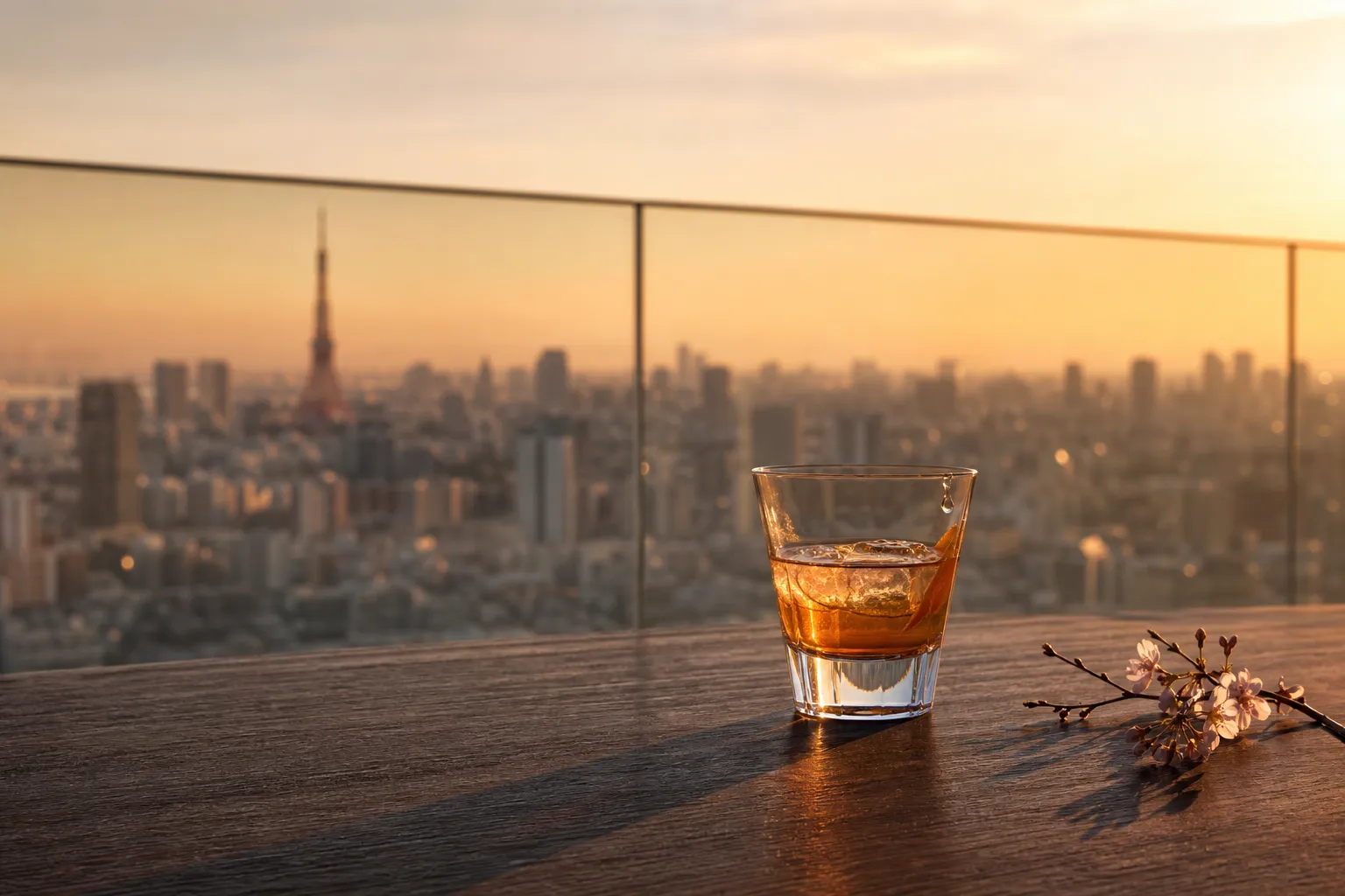 A luxurious cocktail on a Tokyo rooftop terrace overlooking the city at sunset