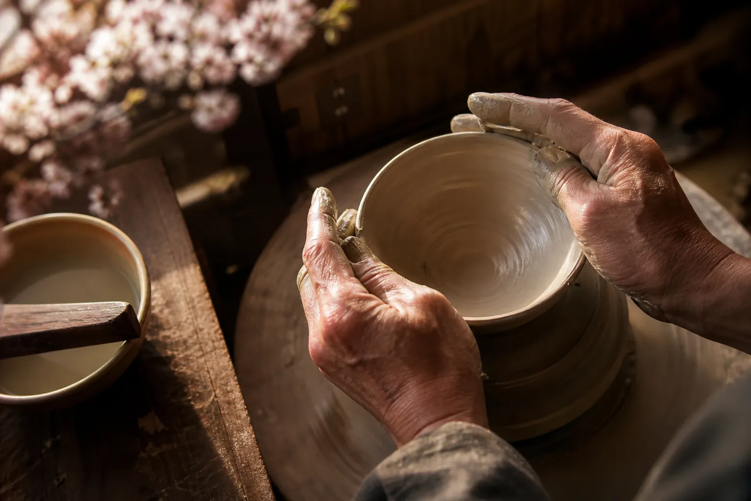Hands of a Japanese shokunin working on traditional pottery in a private studio