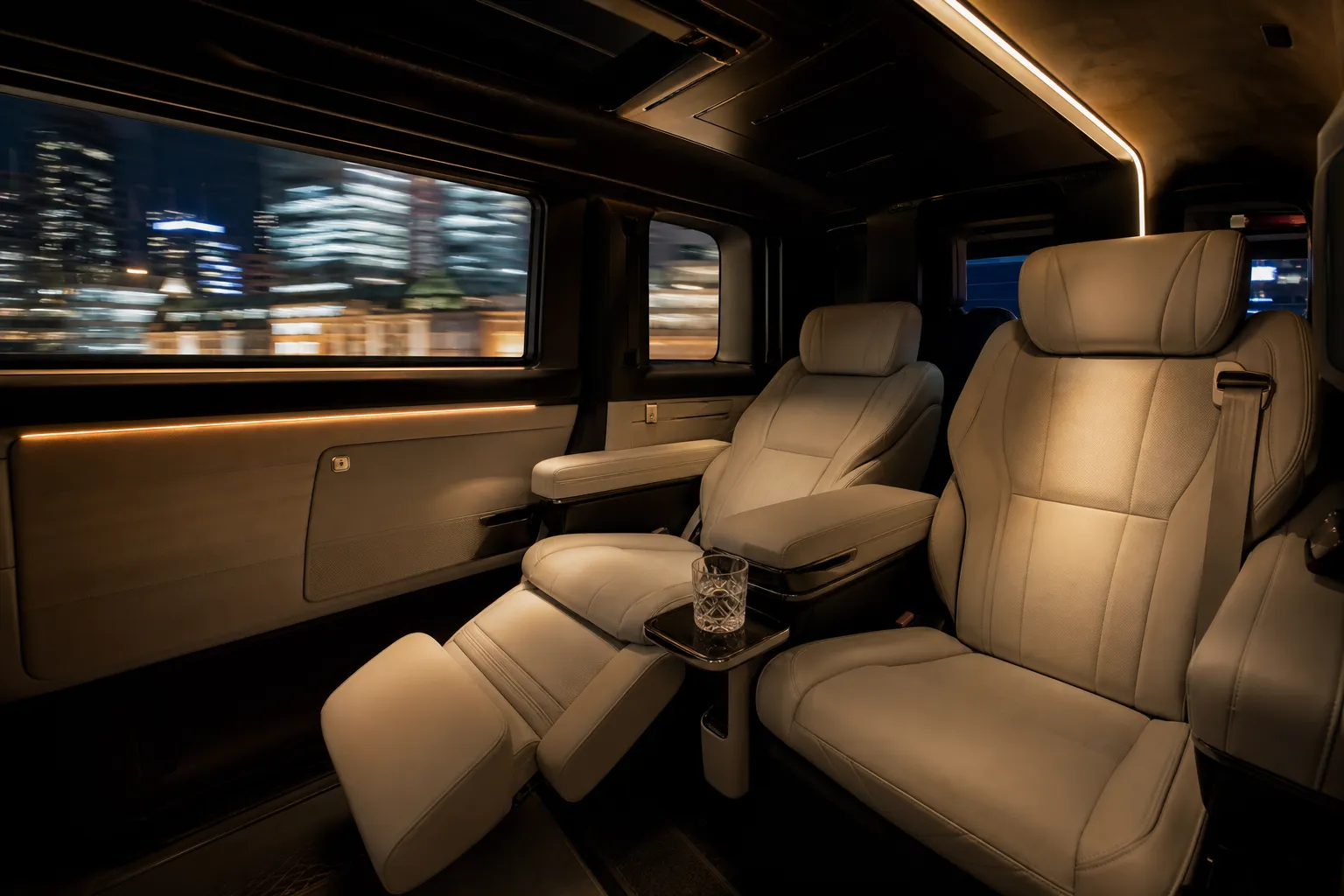 Plush leather interior of a luxury private vehicle driving through Tokyo at night