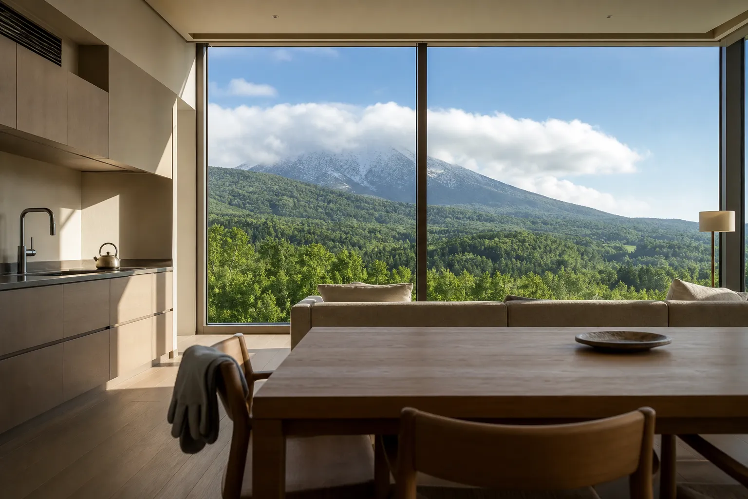 A modern, high-end condominium living room with minimalist furniture, a sleek kitchen, and a large window showcasing the snowy landscape of Rusutsu, Japan during the winter season.