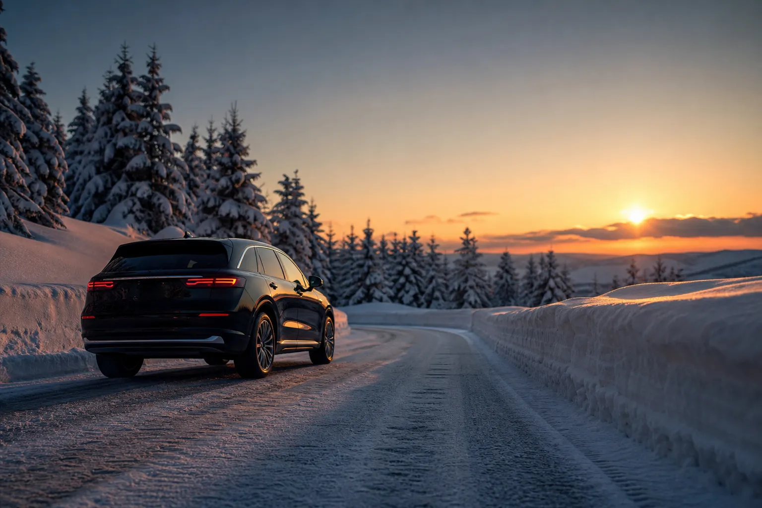 A sleek black luxury SUV travels along a pristine, snow-lined mountain road in Hokkaido under a golden sunset, representing premium private transportation services for high-end ski travelers visiting Rusutsu.