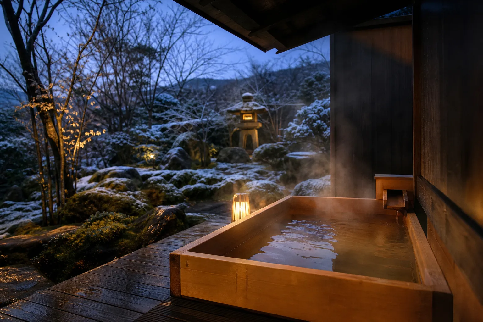 Private hinoki wood bath on a ryokan veranda overlooking a moss and maple garden
