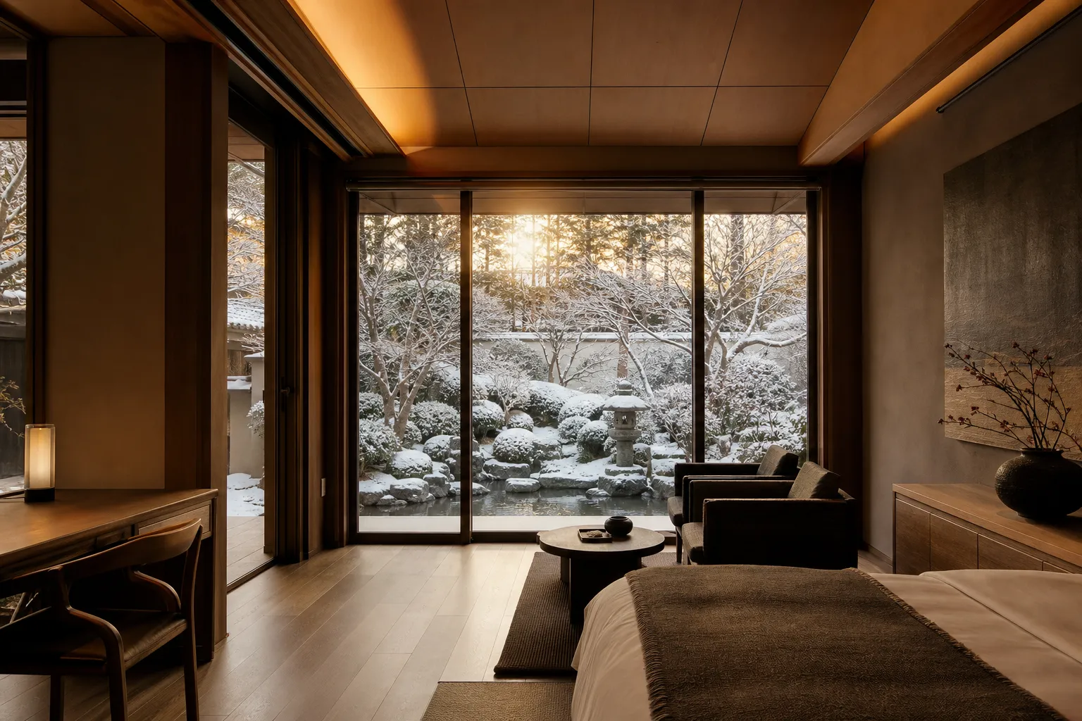 Contemporary minimalist luxury hotel interior in Kyoto framing a garden view