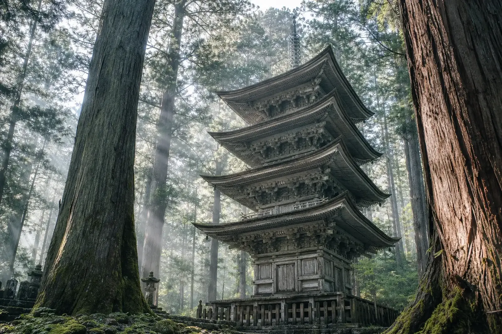 Weathered wooden five-story pagoda at Mount Haguro among tall cedar trees