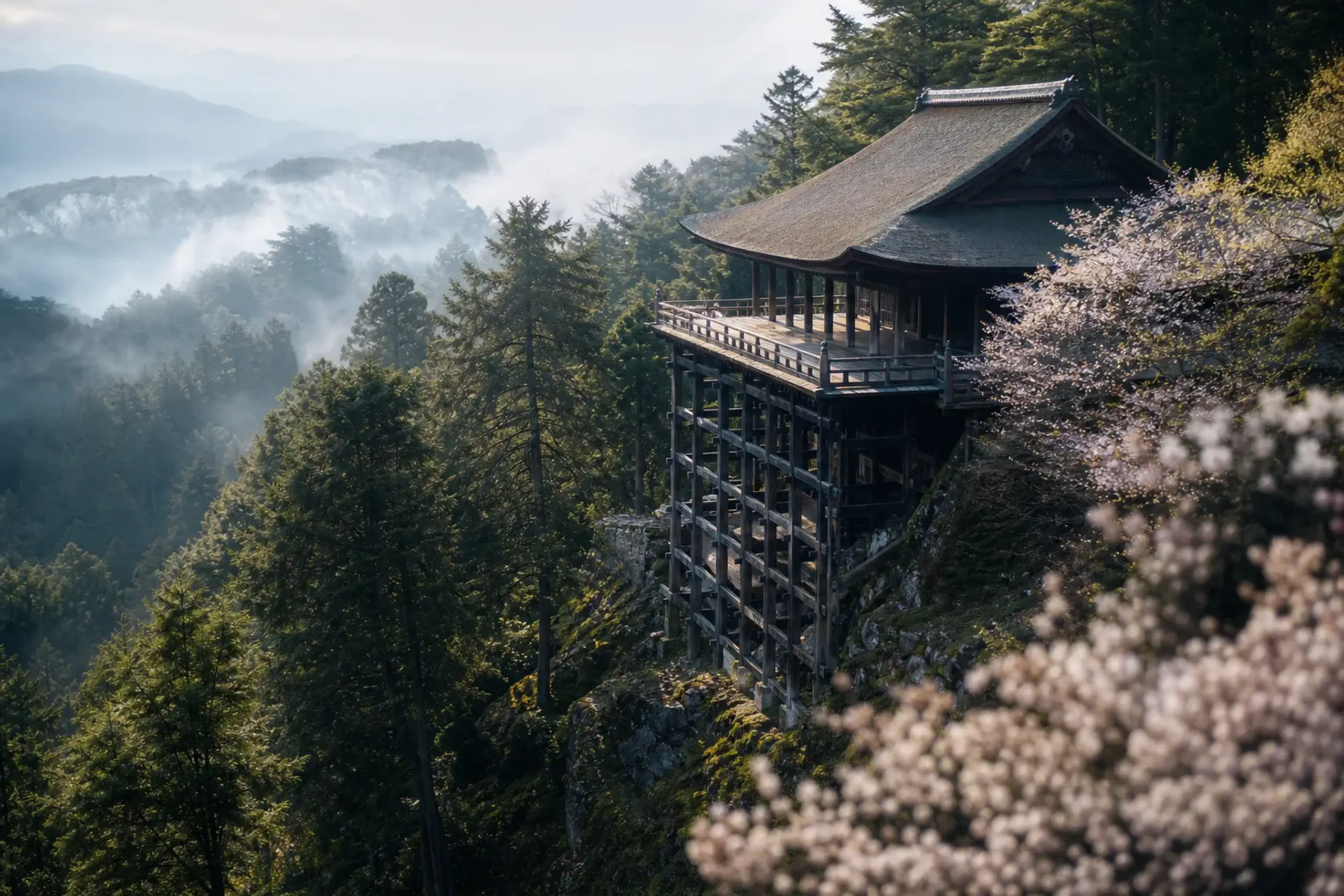 Wooden temple hall of Engyoji on Mount Shosha built into the forested mountainside