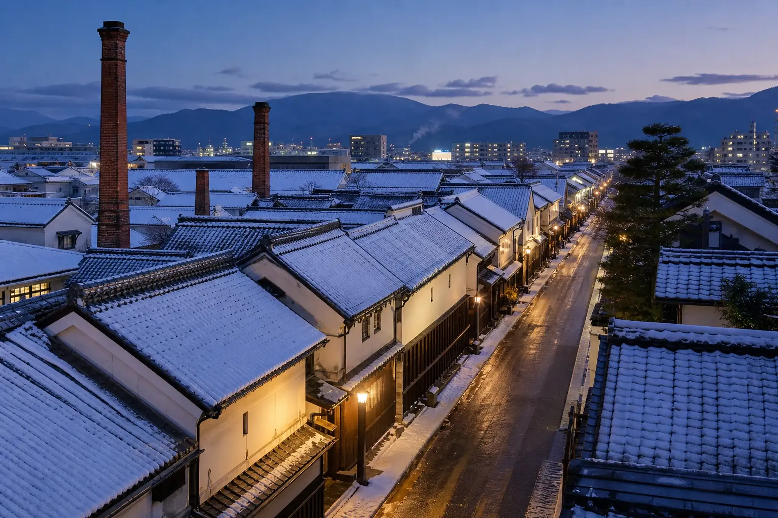 Saijō Sakagura-dōri sake brewery street with white plaster walls and red brick chimneys in Higashihiroshima