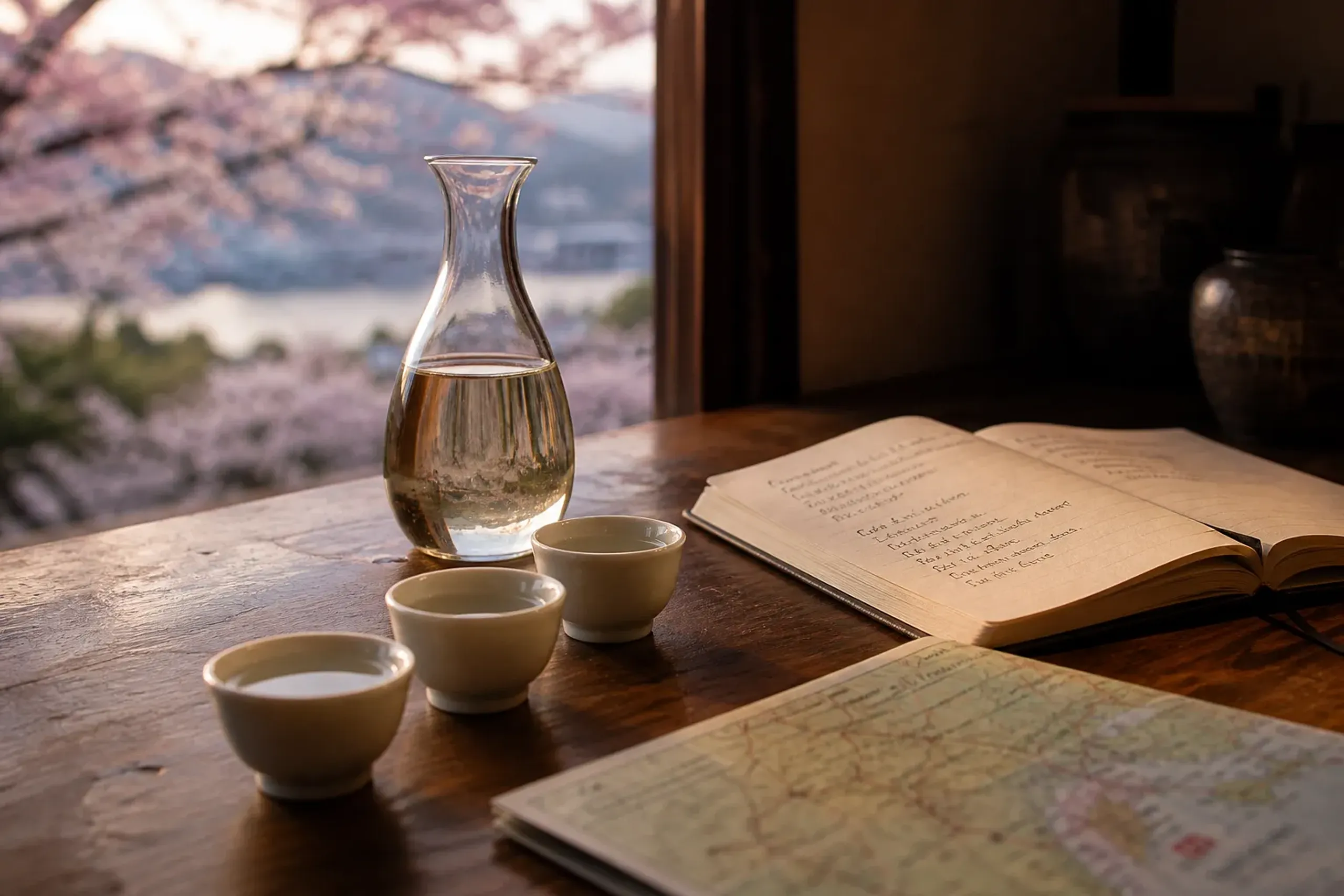 Ochoko cups and tasting notes on a wooden counter during a ginjō sake tasting