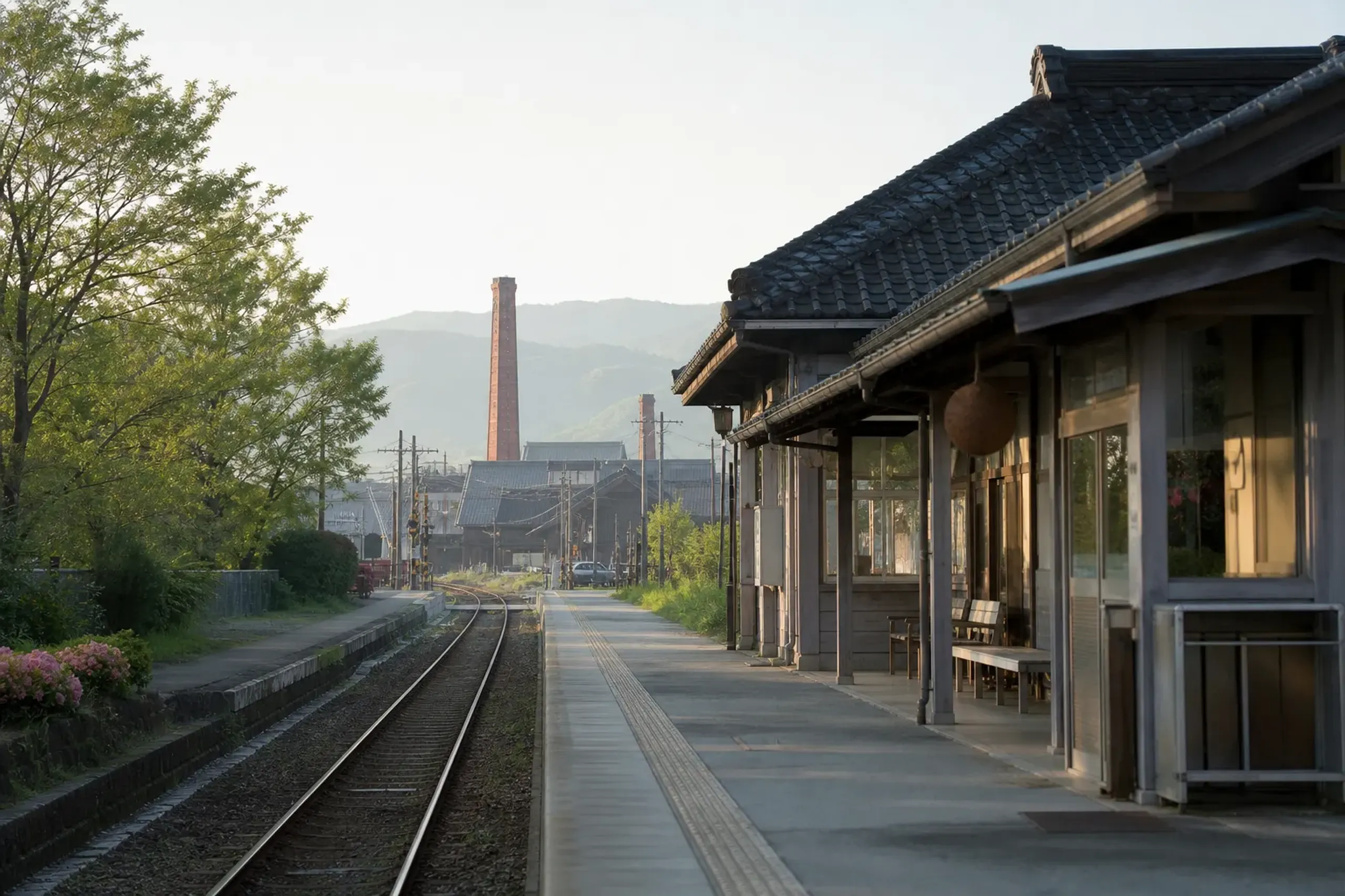 The platform and station building of JR Saijō Station, the arrival point for the brewery street
