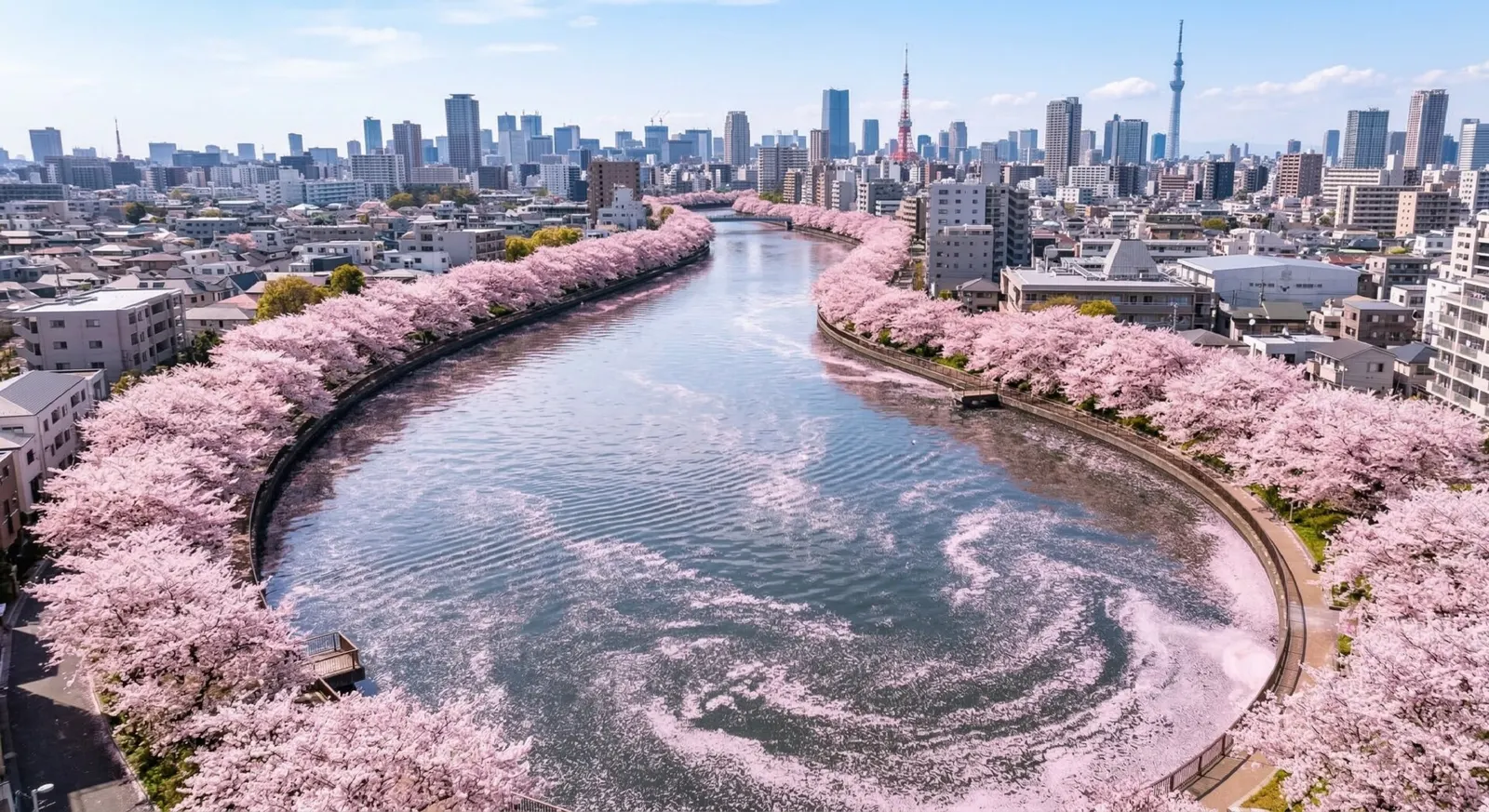 A bird's-eye view of a river in Tokyo lined with thousands of blooming pink cherry blossom trees.