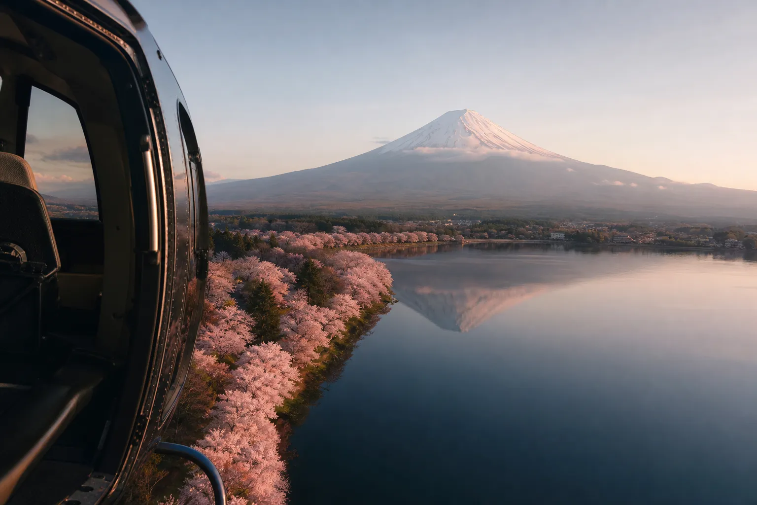 Aerial shot of Mount Fuji with a snow-capped peak, surrounded by a landscape of blooming cherry blossoms and a blue lake.