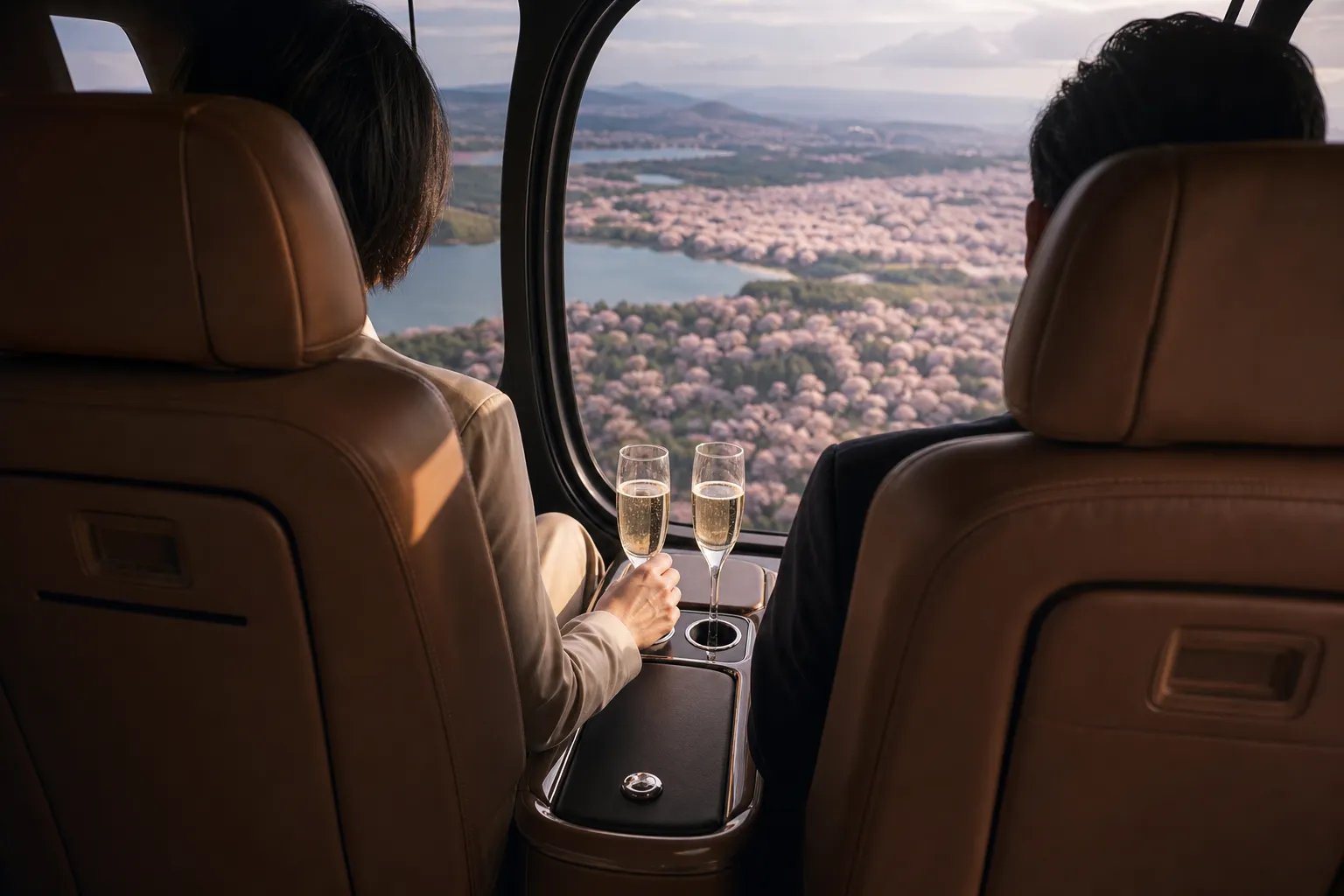 The plush leather interior of a luxury helicopter, showing two passengers looking out the window at the scenery.