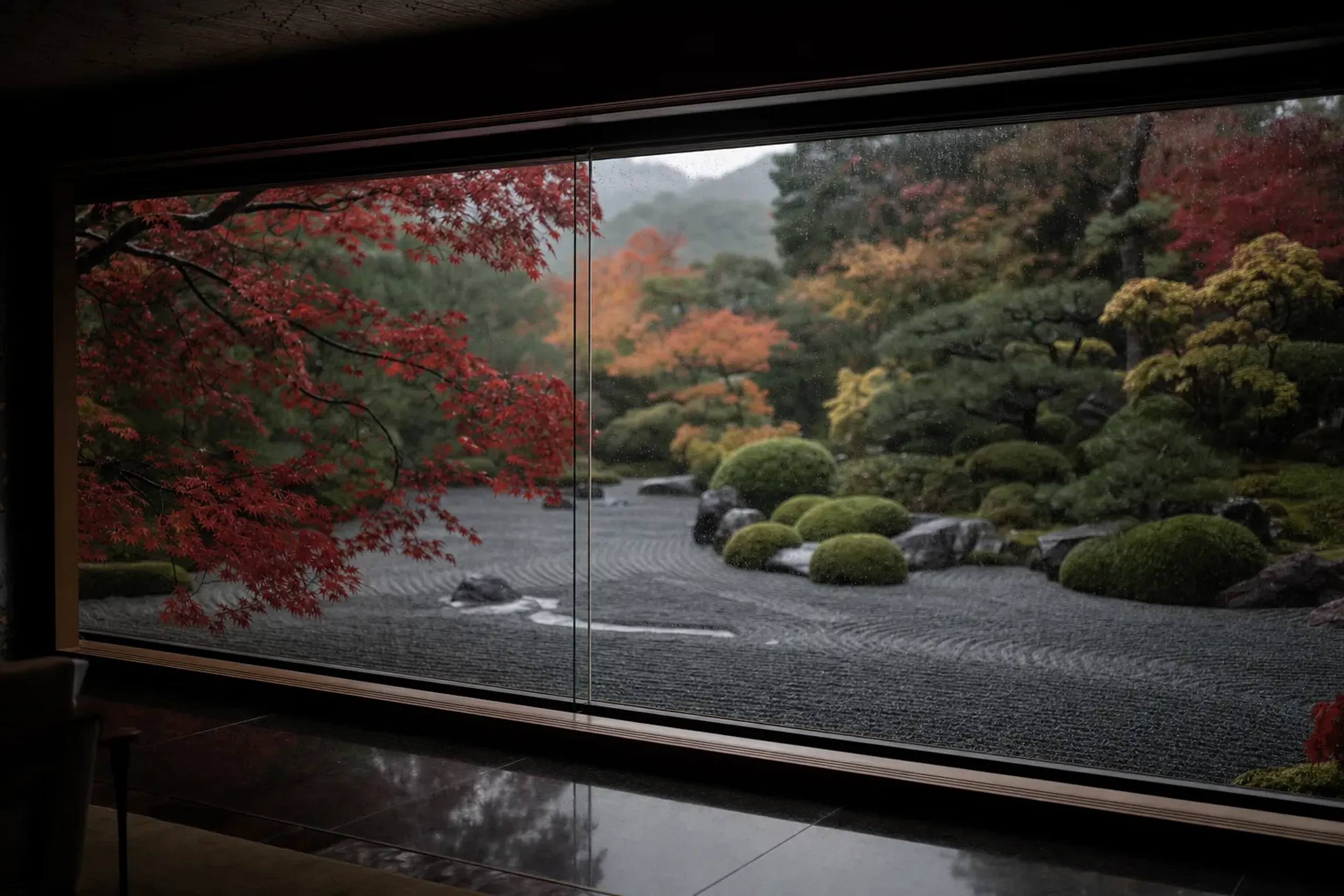 rain-darkened moss and glistening pine foliage of the Adachi Museum's dry landscape garden seen through a large picture window during a downpour