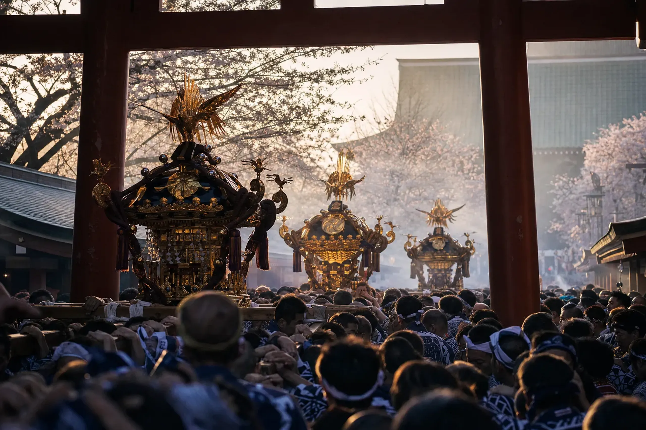 On Sunday, the three main shrine mikoshi leave Asakusa Shrin