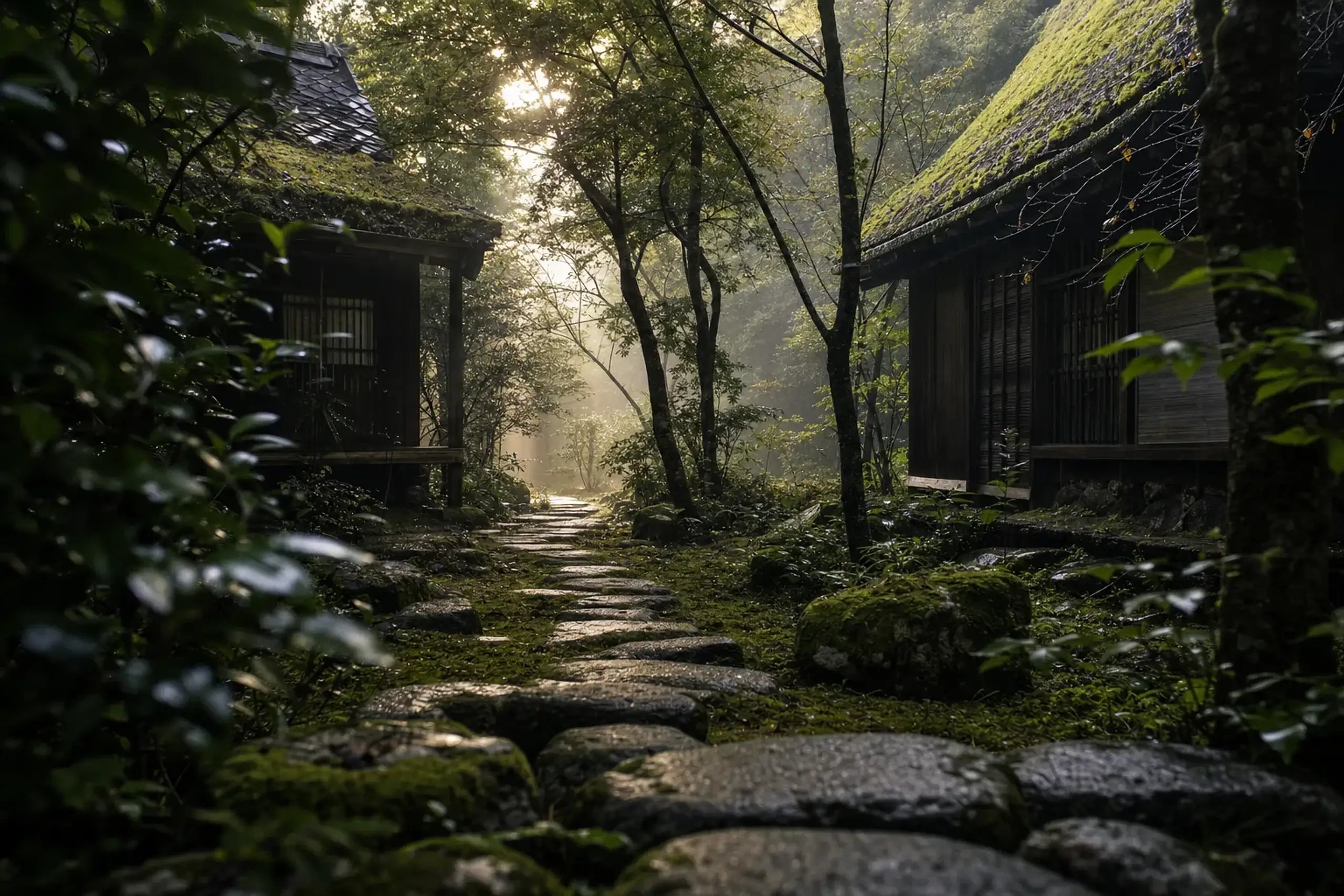 a secluded stone path winding between separated minka guest villas at Sanso Murata, surrounded by trees on the Torigoe hillside