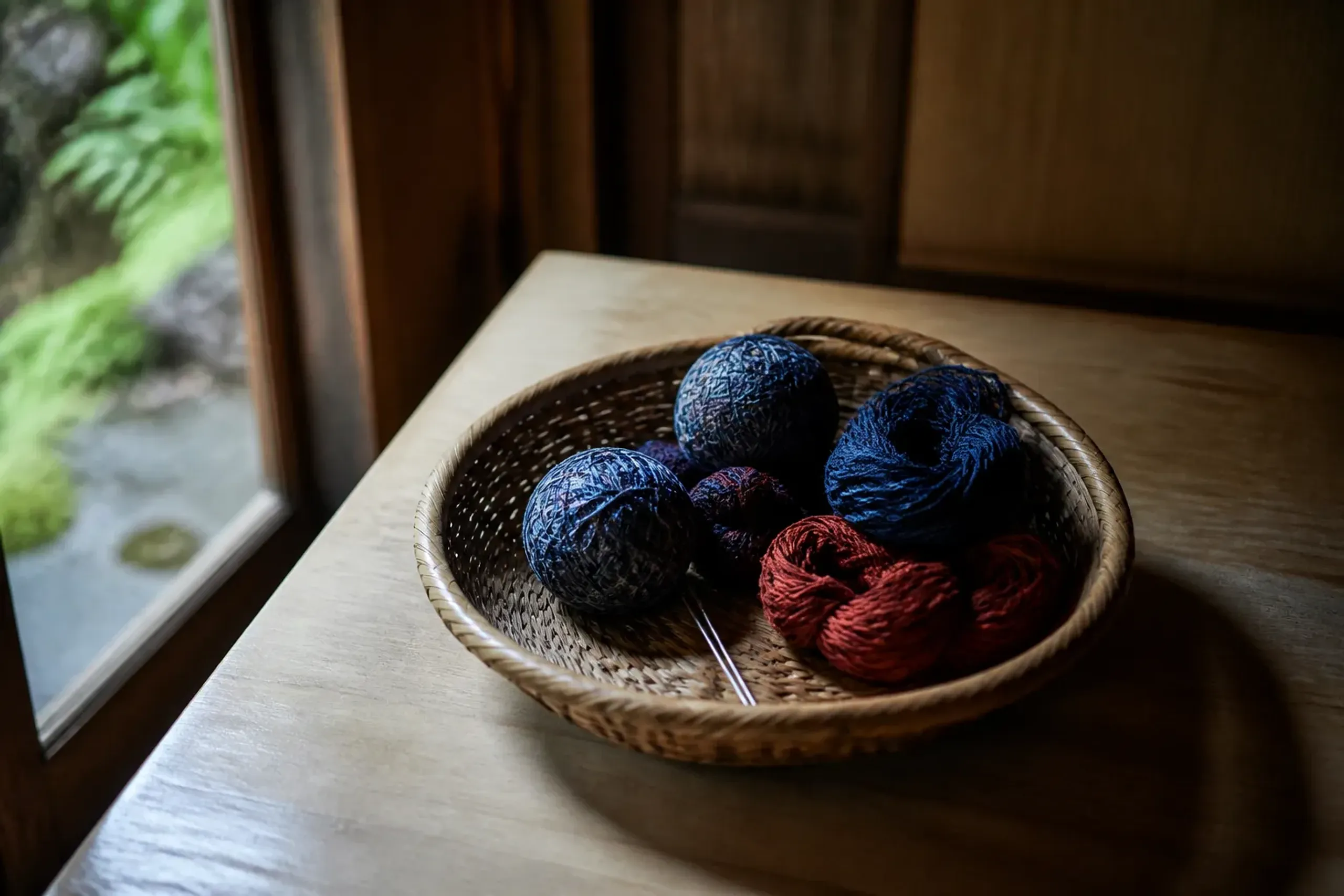 a woven basket holding the entire Sanuki temari craft kit — wound cores, hand-dyed cotton thread skeins in indigo and madder, and needles — set on a plain hotel tabletop